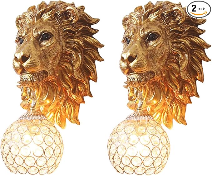 Vintage Gold Lion Wall Sconces Set of 2 with Crystal Beaded Shade