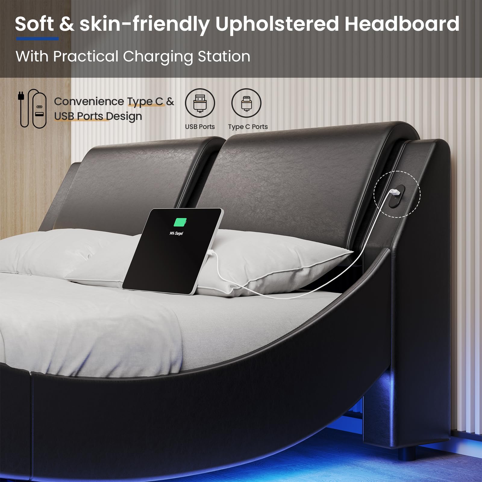 Queen Bed Frame with LED Lights and Charging Ports
