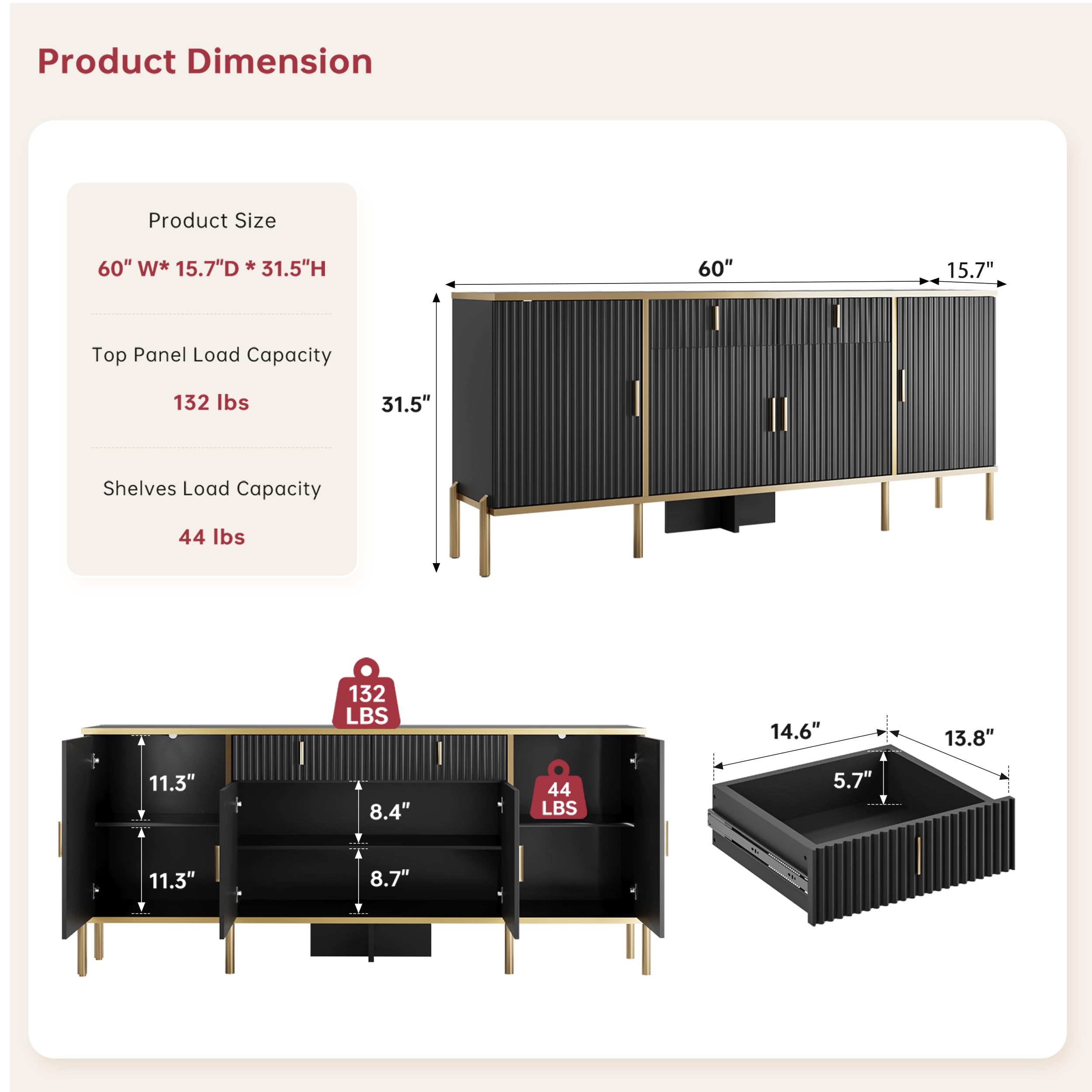 60" Fluted Buffet Cabinet with Storage