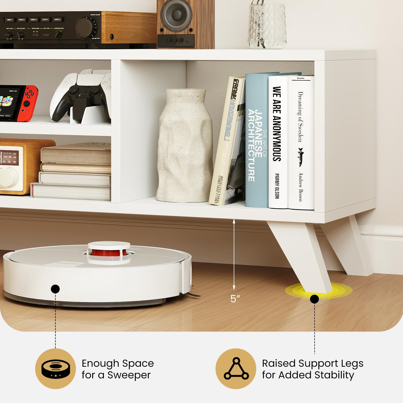 White TV Stand for TVs up to 55 Inches with 4 Open Storage Cubbies