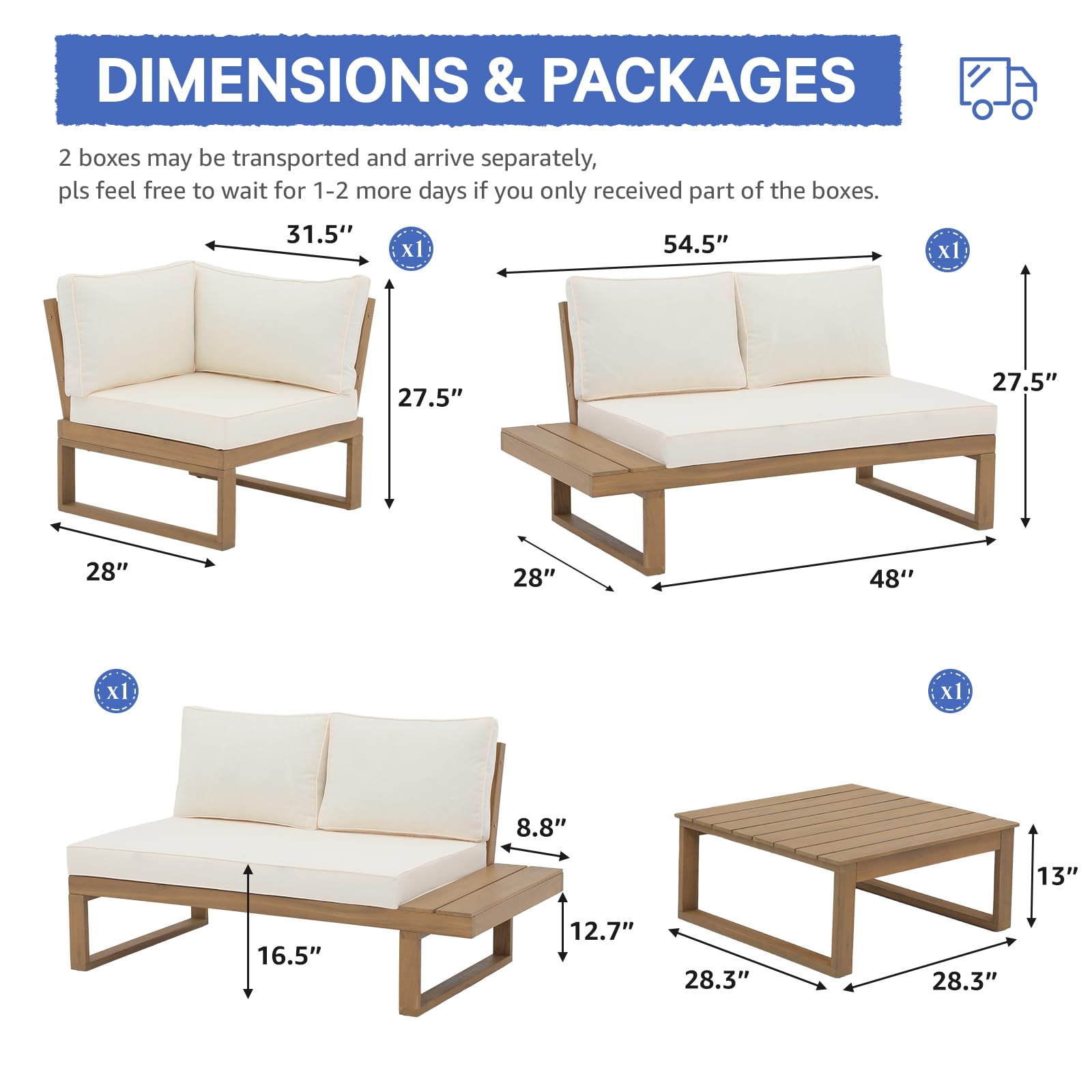 4-Piece Acacia Wood L-Shaped Outdoor Sectional Sofa Set