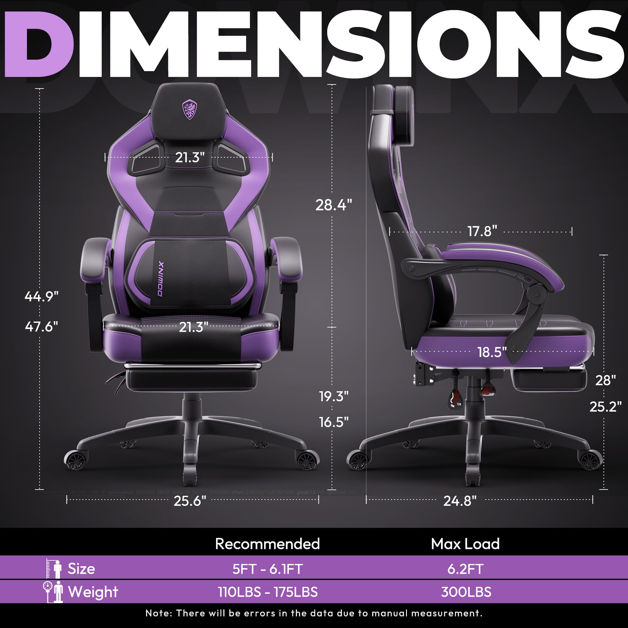 Dowinx PU Leather Gaming Chair with Footrest, Big and Tall Ergonomic Computer Chair with Lumbar Support, Wide Back Gamer Chair for Heavy People, Purple