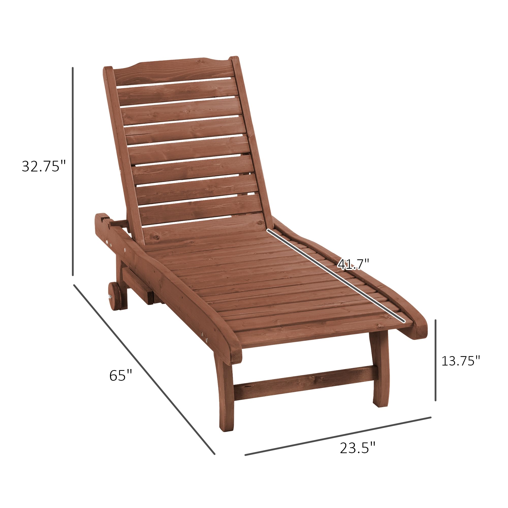 Outdoor Wooden Chaise Lounge Chair with Adjustable Backrest and Wheels