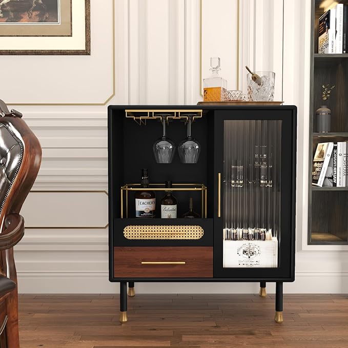 Modern Coffee Bar Cabinet with Wine Glass Rack and Drawers