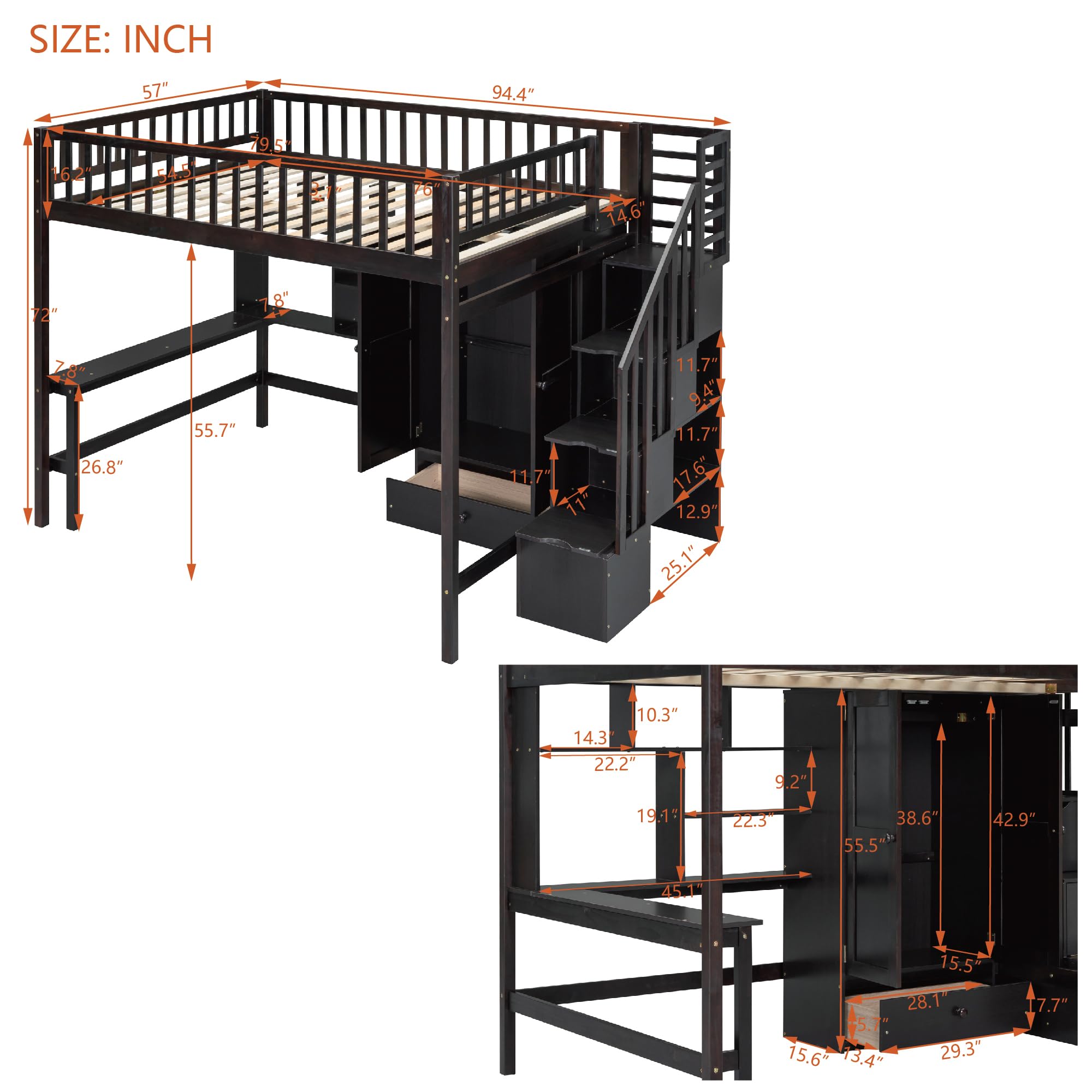 Full Size Loft Bed with Stairway, Wardrobe, Desk and Drawers
