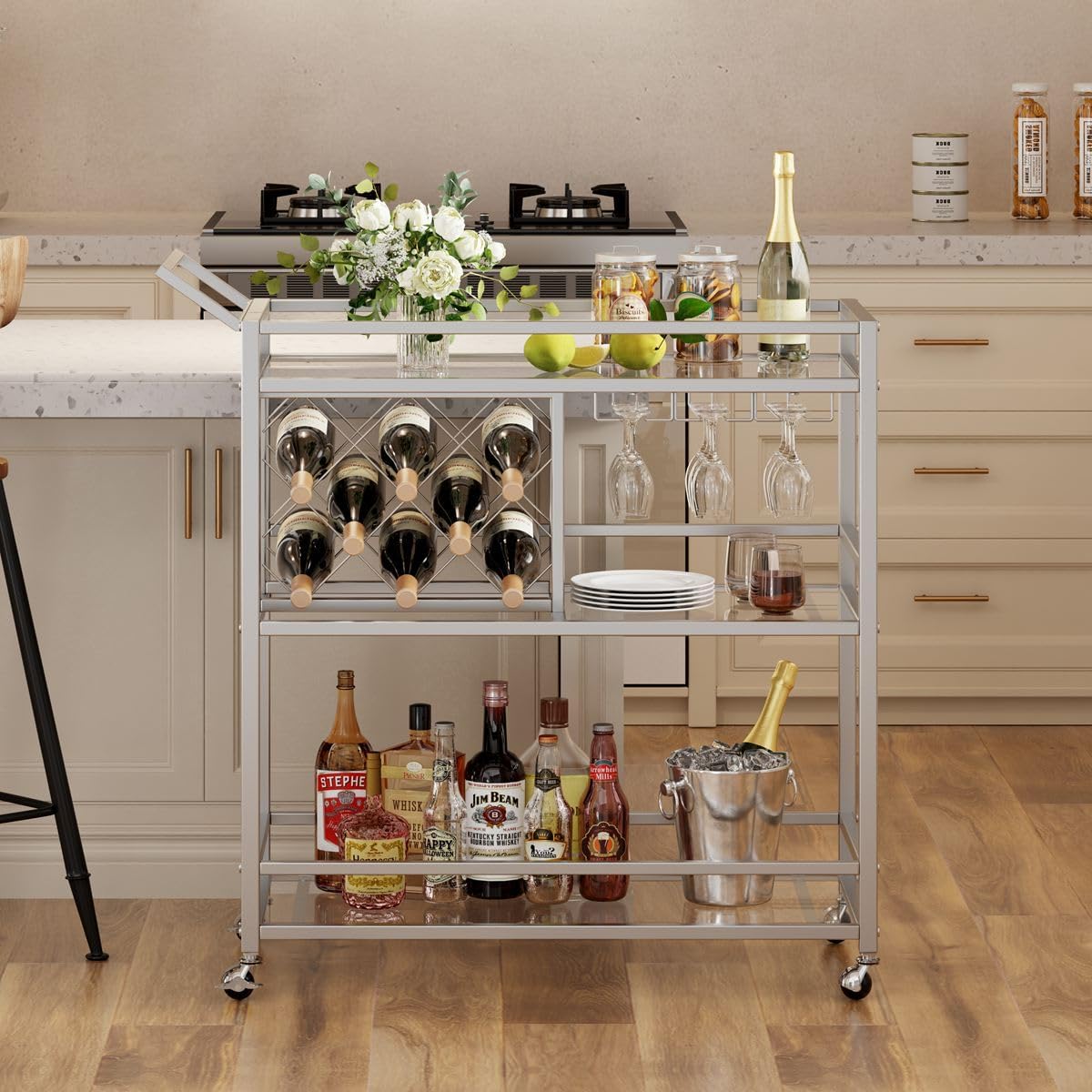 3-Tier Mirrored Bar Cart with Wheels