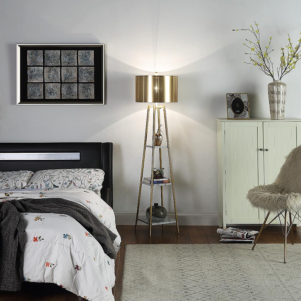 Floor Lamp with Shelves and Gold Shade