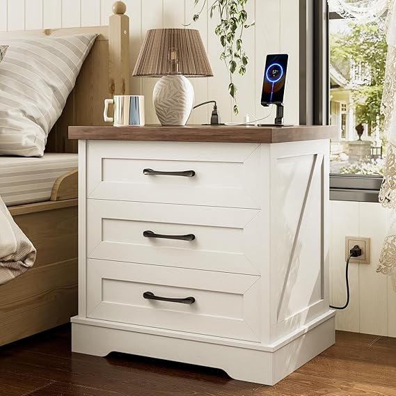 Farmhouse Nightstand with Charging Station and 3 Drawers