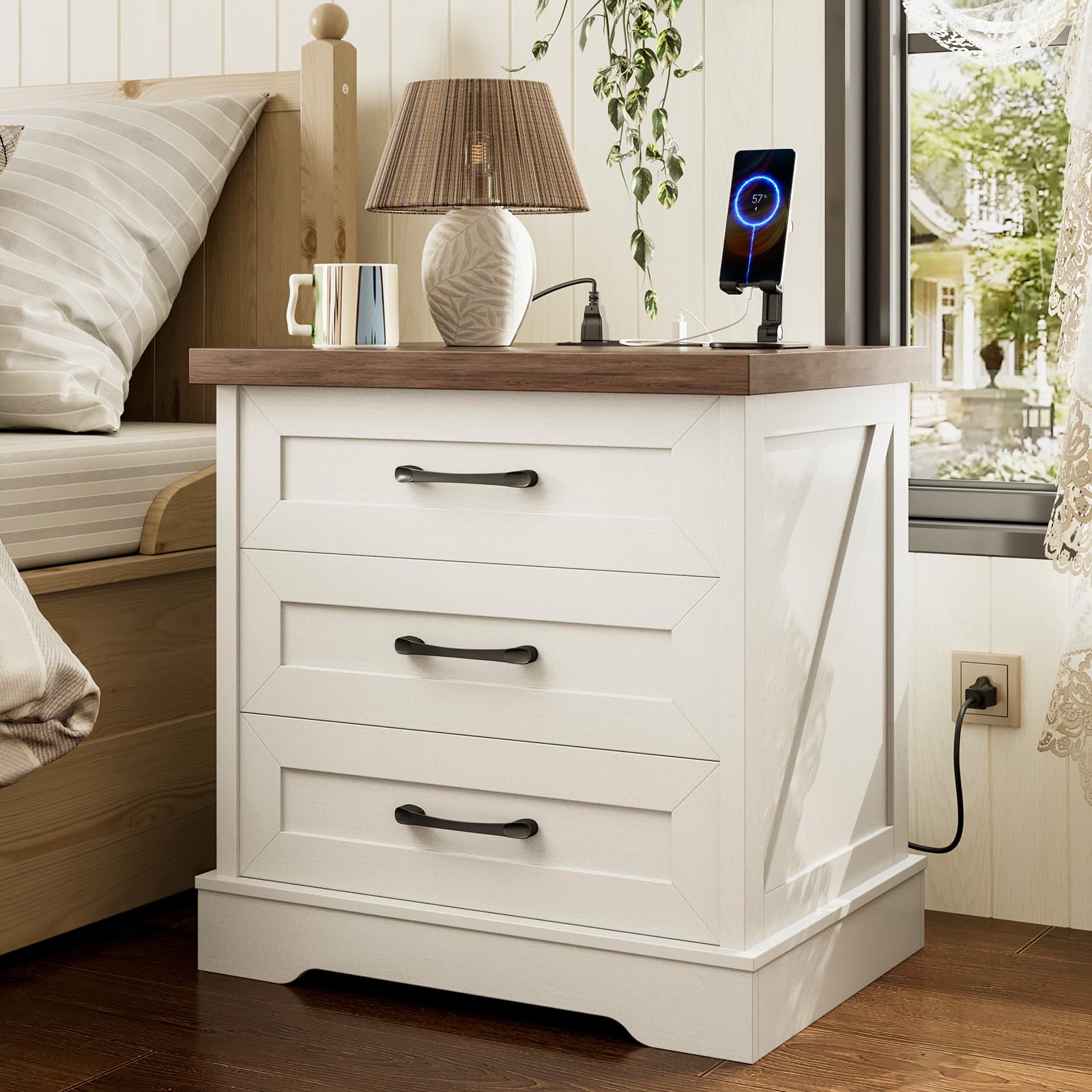 Farmhouse Nightstand with Charging Station and 3 Drawers