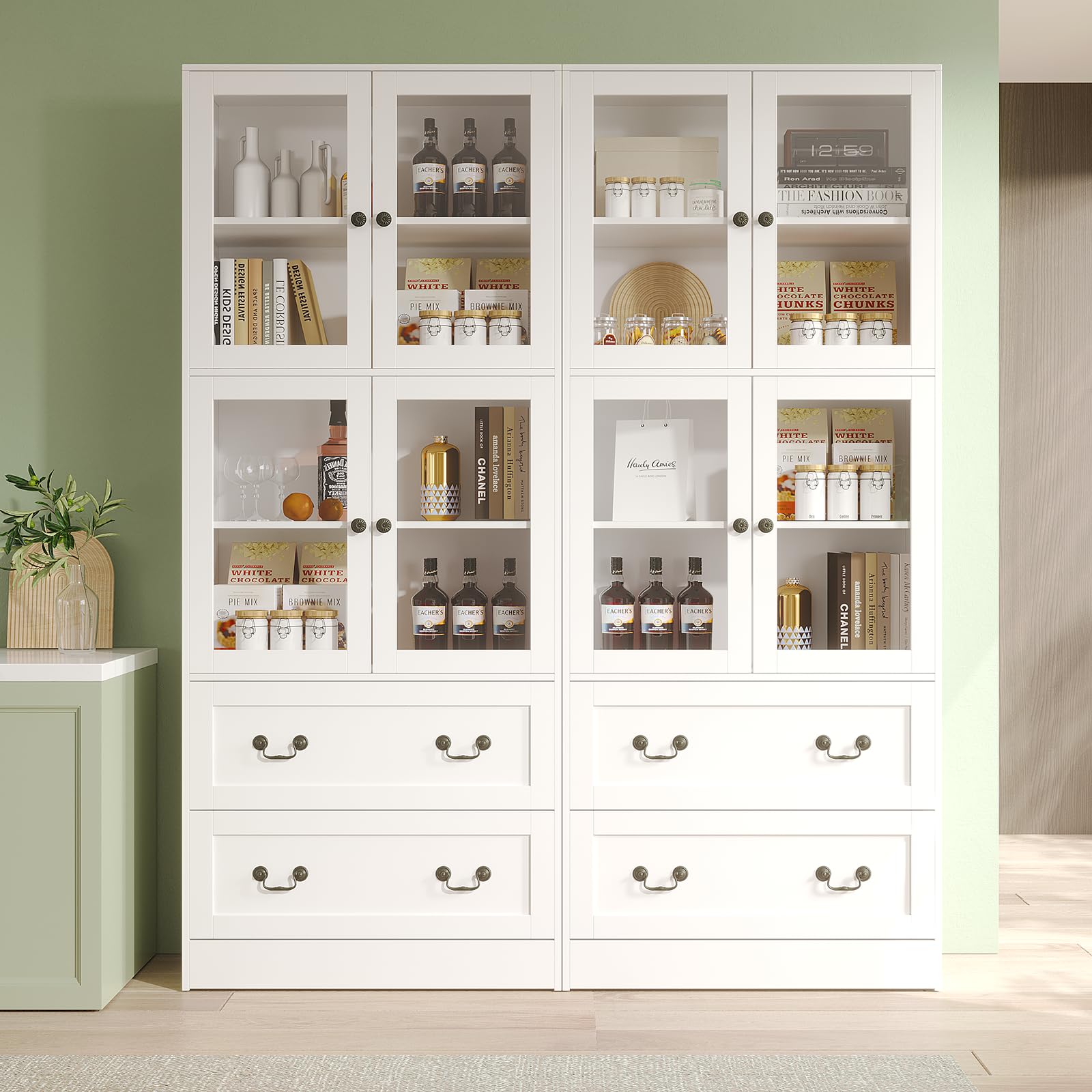 78.7" Bookcase with Glass Doors and Drawers