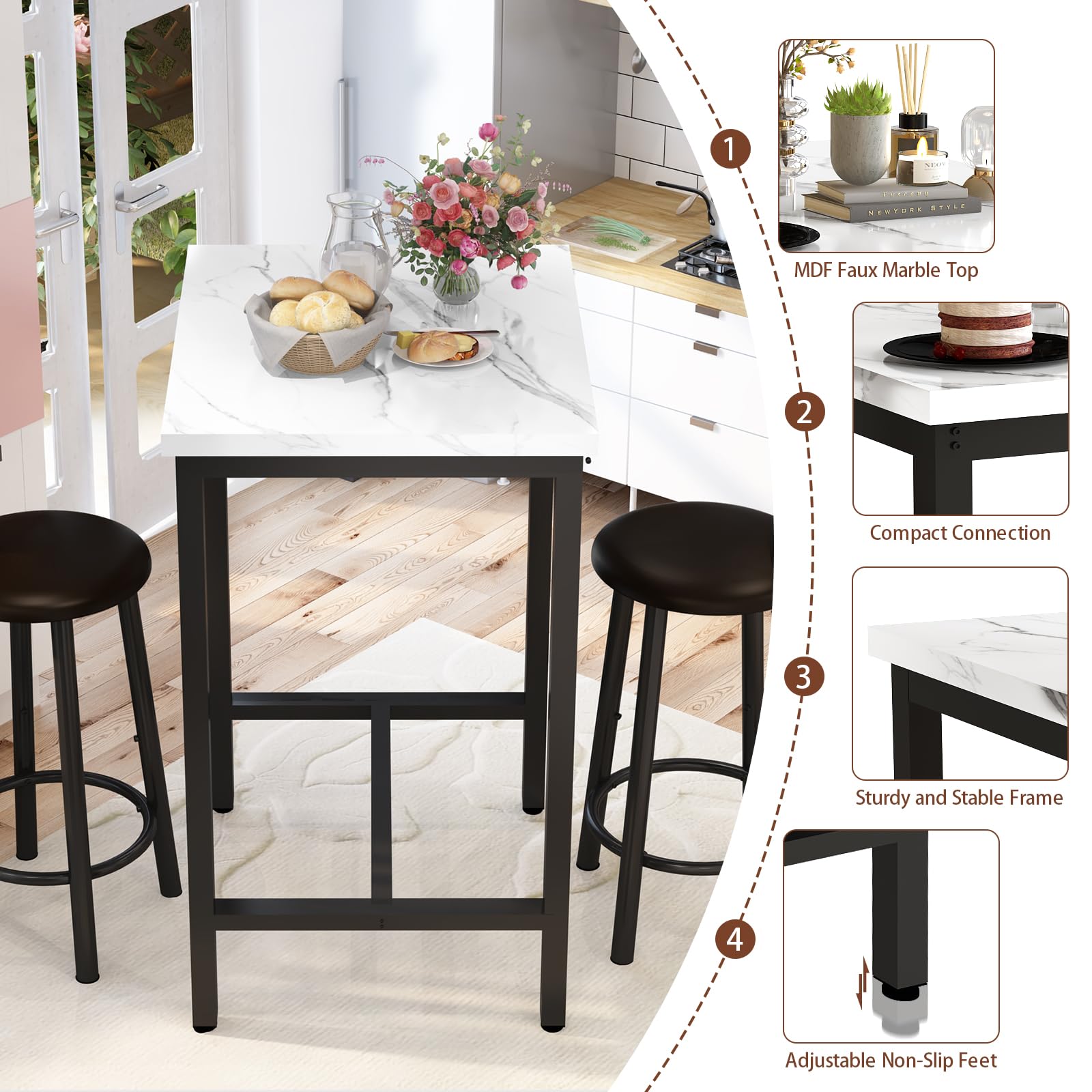 24" Square Dining Table Set for 2 with MDF Tabletop & PU Leather Chairs