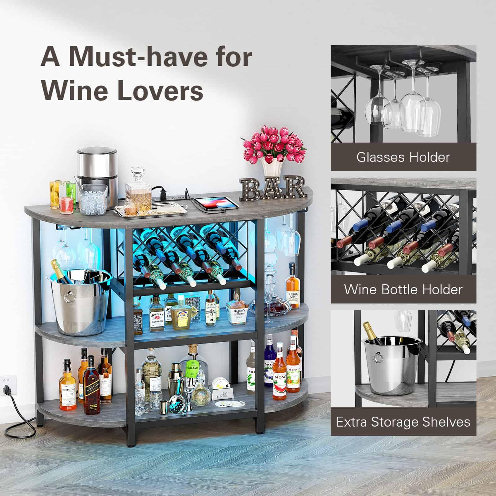 LED Bar Cart with Power Outlet and 4-Tier Storage