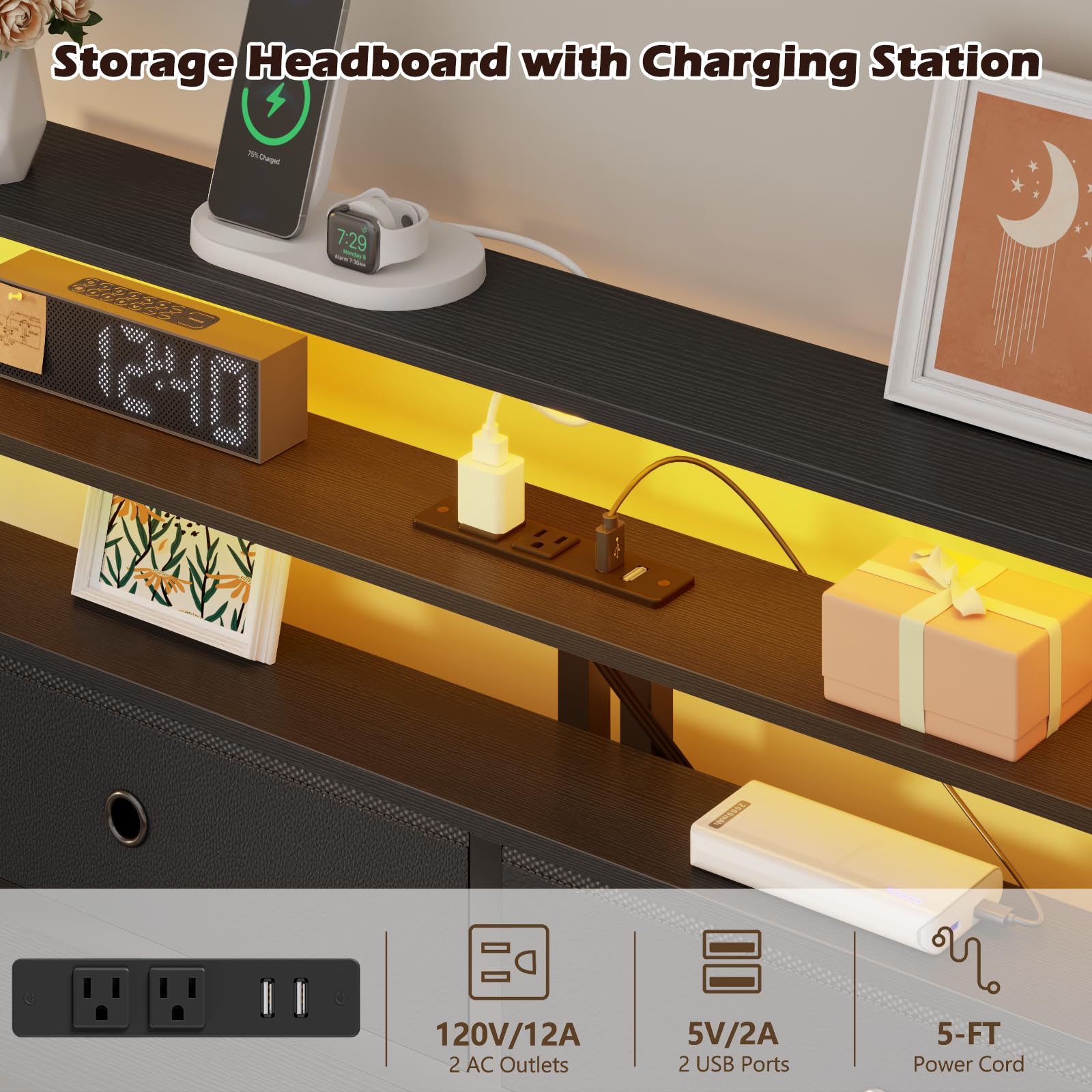 Twin Platform Bed with LED Lights and Charging Station