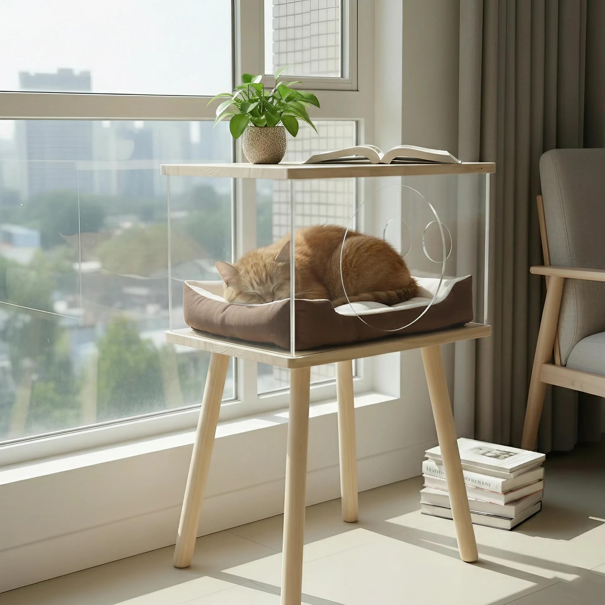 Cat Bedside Table with Acrylic Guardrail
