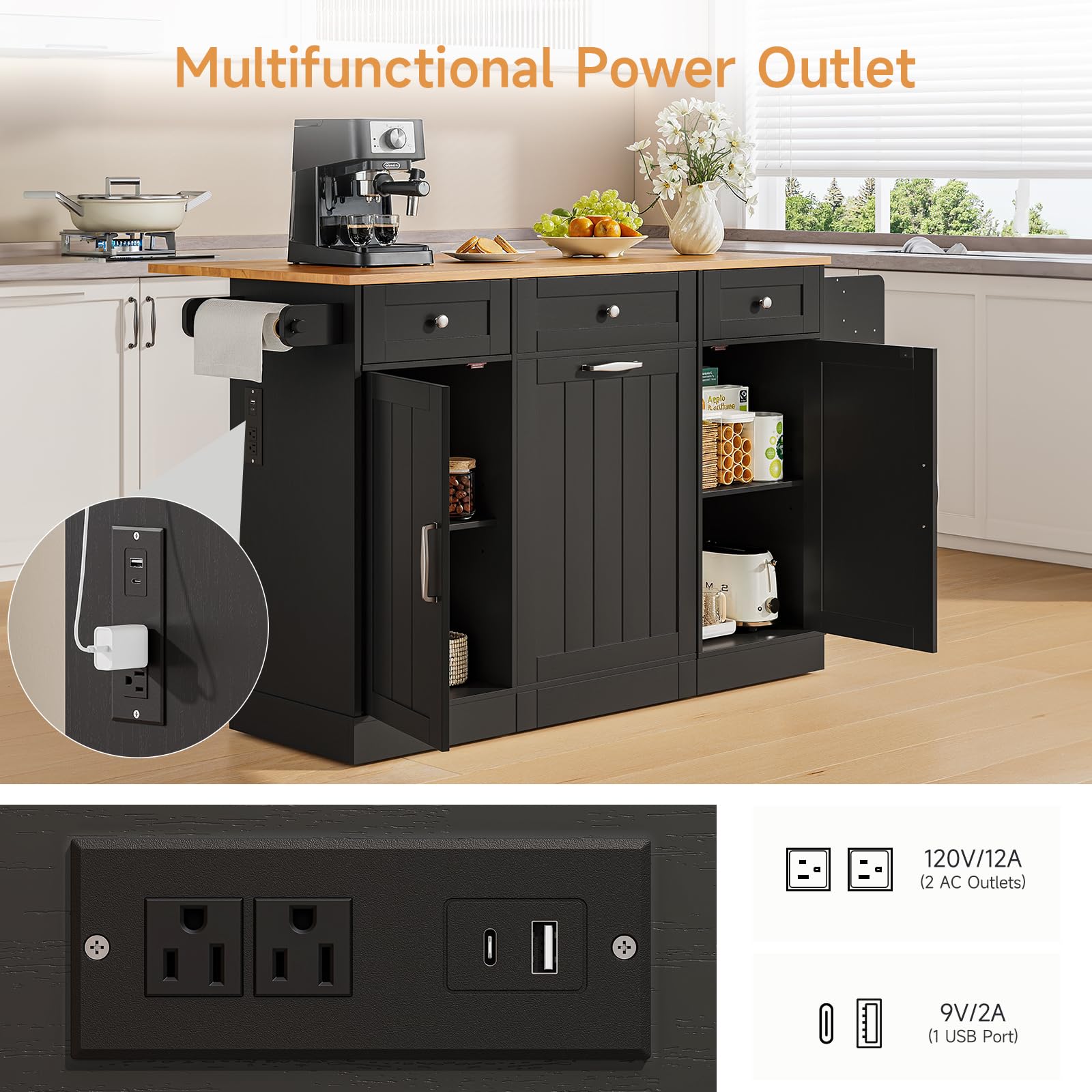 61" Kitchen Island Cart with Drop Leaf and Power Outlet