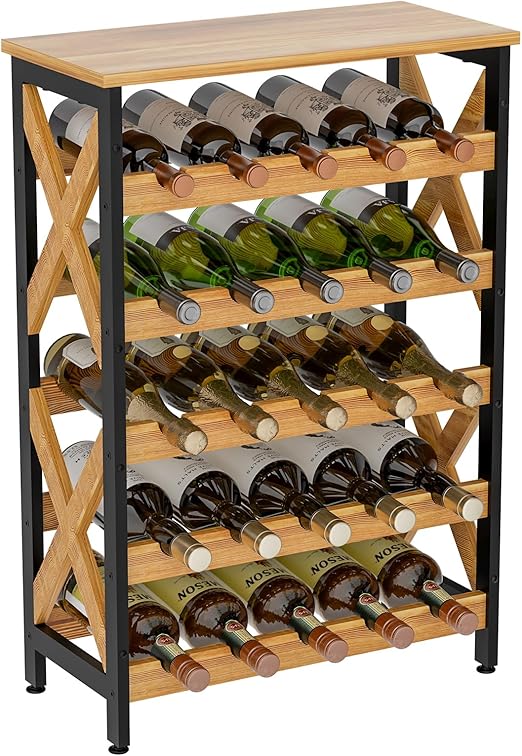 20 Bottle Wine Rack Freestanding Floor with Wood Top