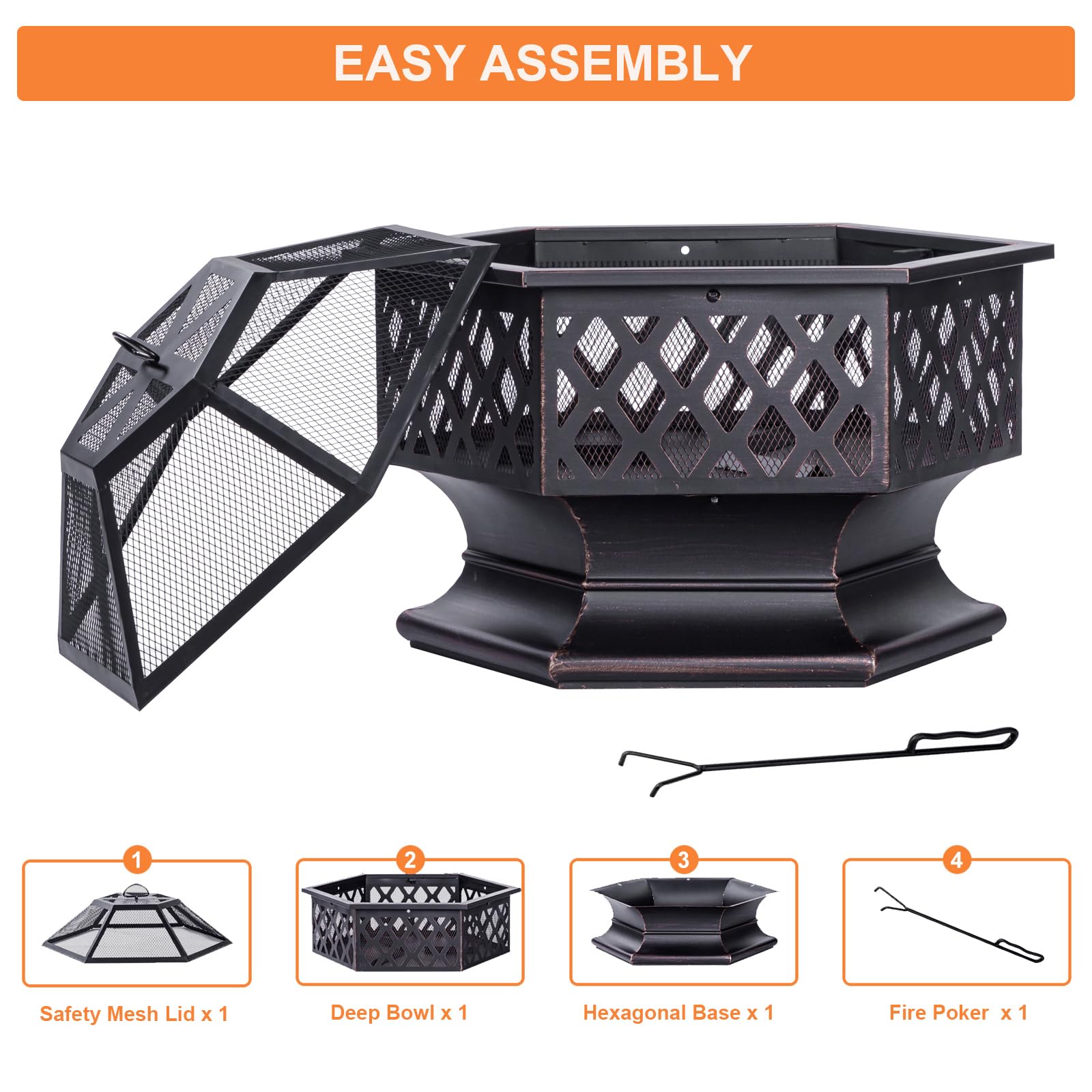 28-Inch Hexagon Outdoor Fire Pit - Wood Burning