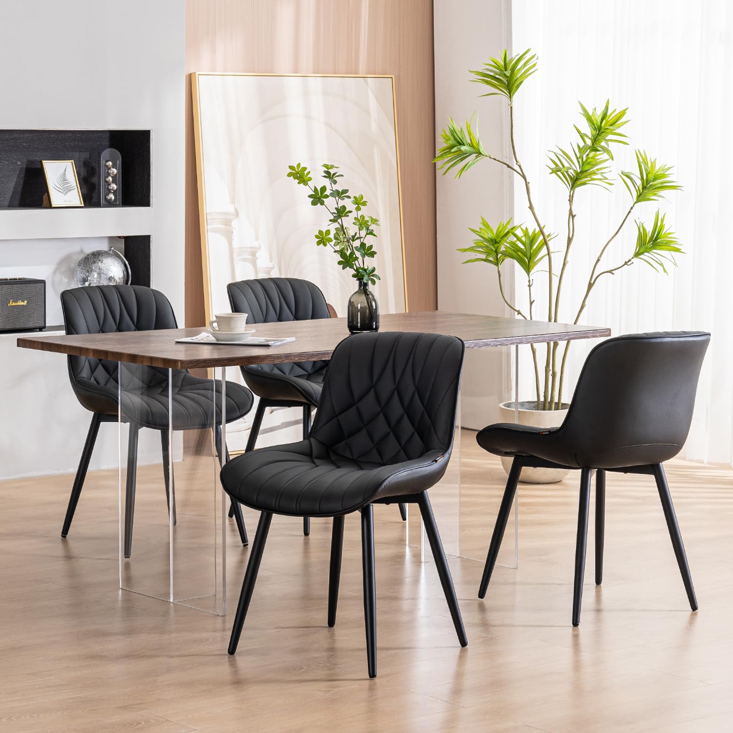 Black Dining Chairs Set of 2 - Modern Upholstered PU Leather