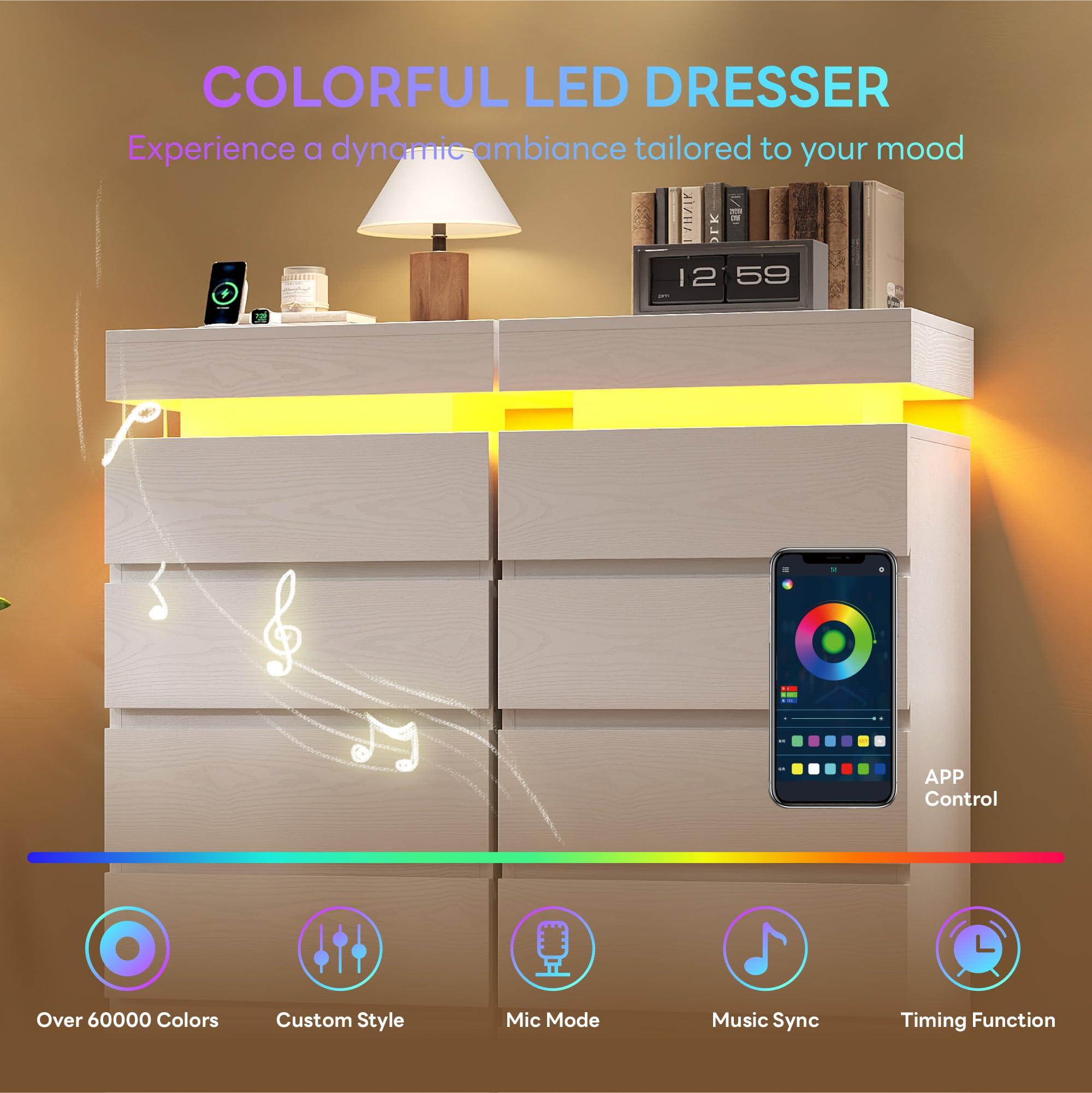 5-Drawer Tall Dresser with LED Lights and Charging Station