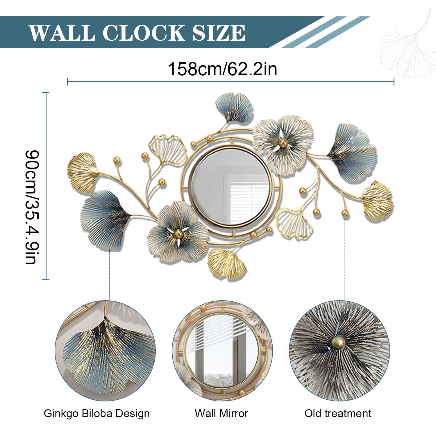 Ginkgo Leaf Wall Mirror Gold Metal 3D Decorative