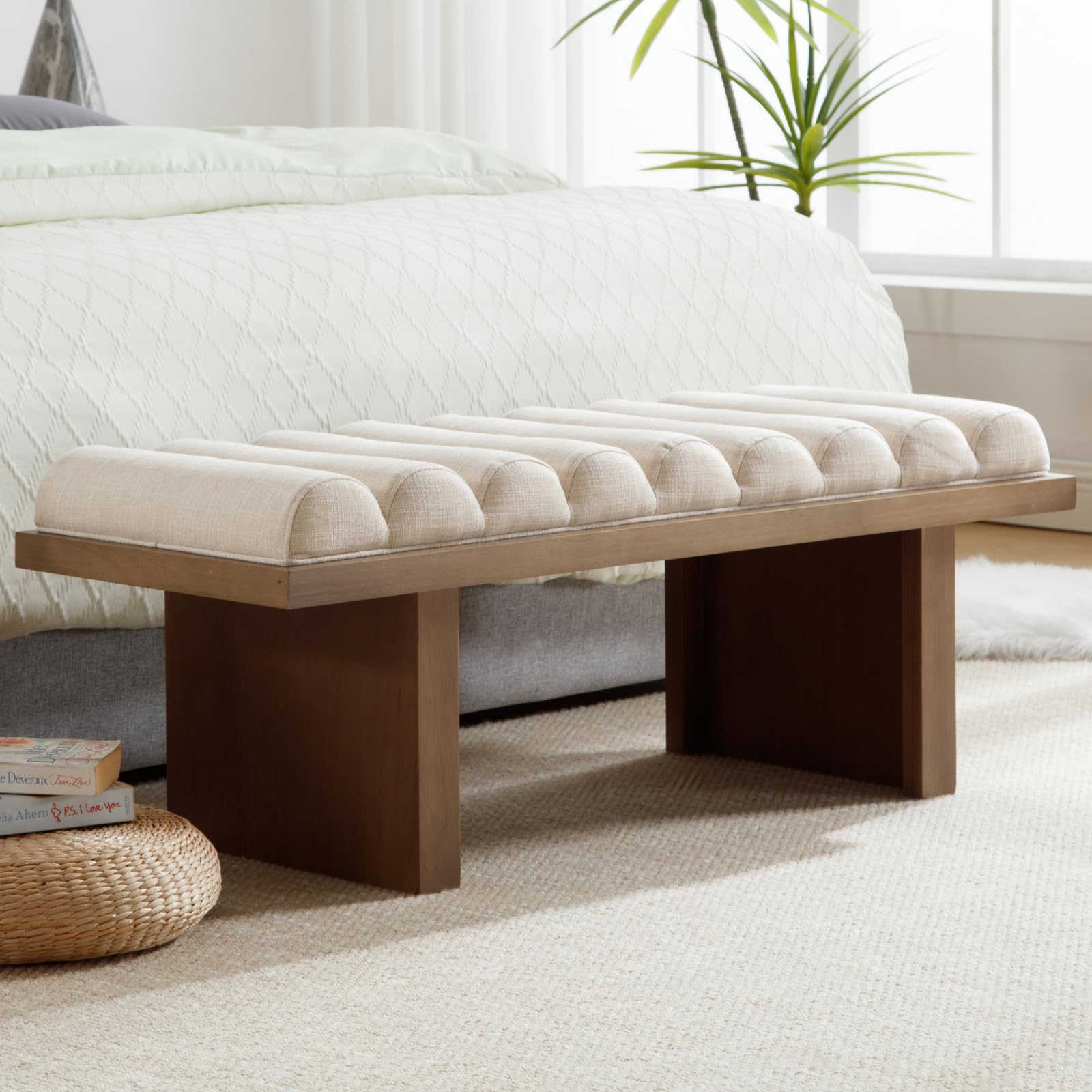 47 Inch Upholstered Bench with Cylindrical Cushion