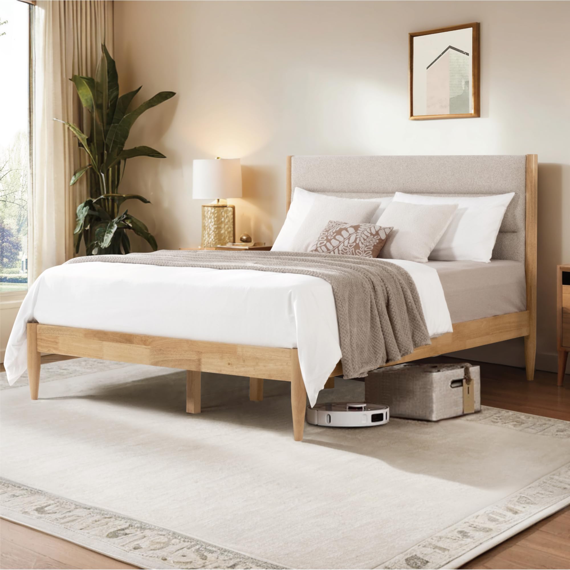 Wood Bed Frame with Upholstered Headboard