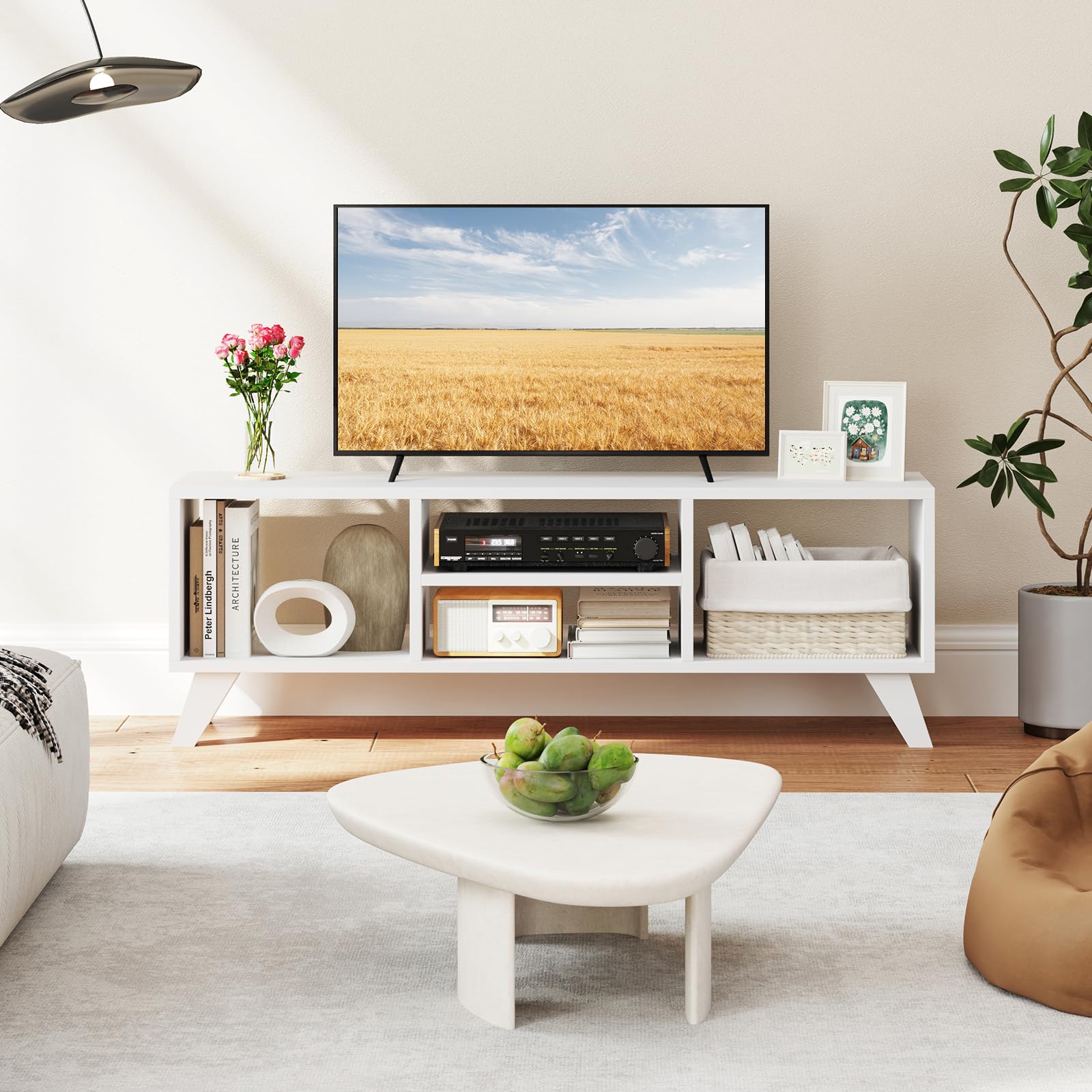 White TV Stand for TVs up to 55 Inches with 4 Open Storage Cubbies