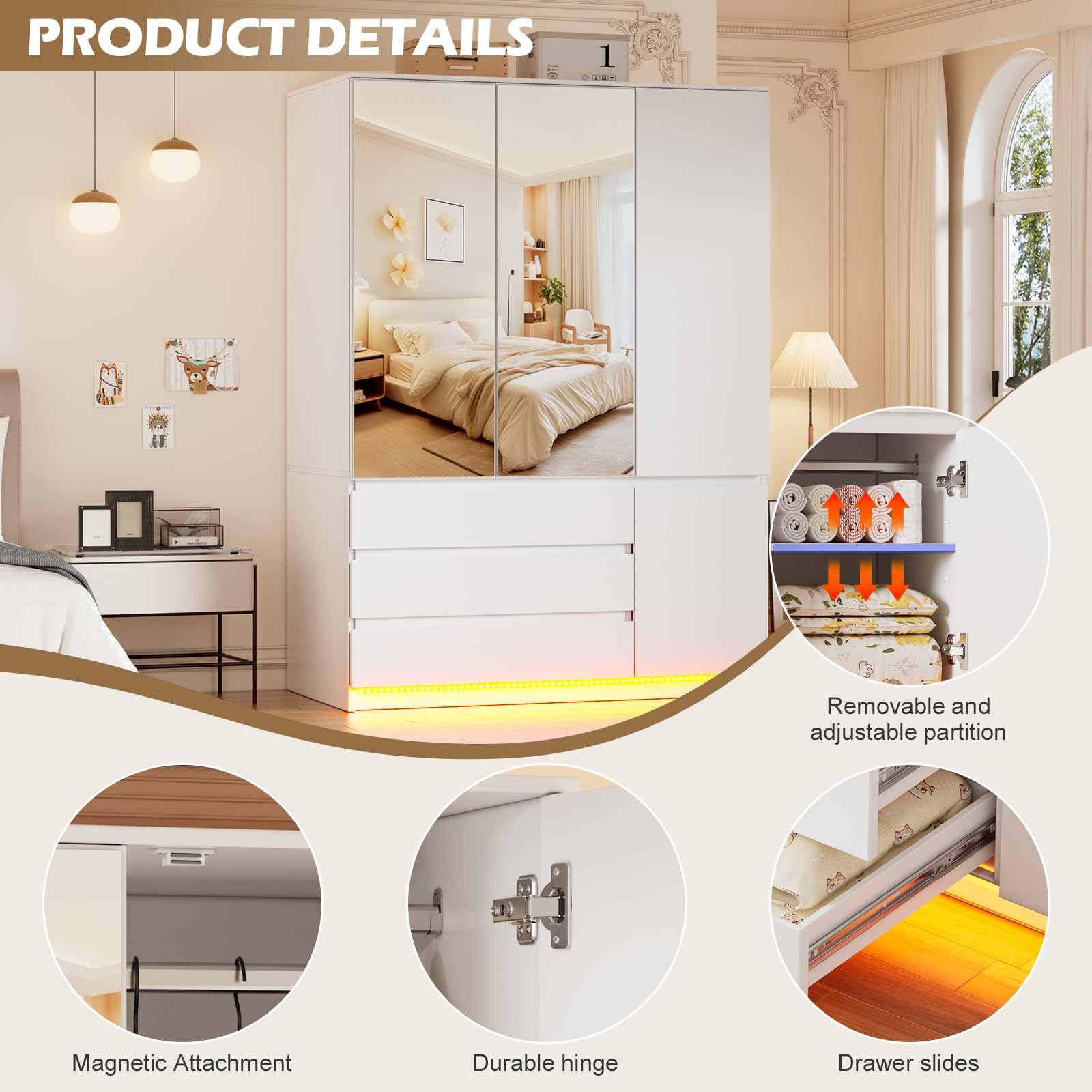 3-Door Armoire Wardrobe with Mirror and LED Lights