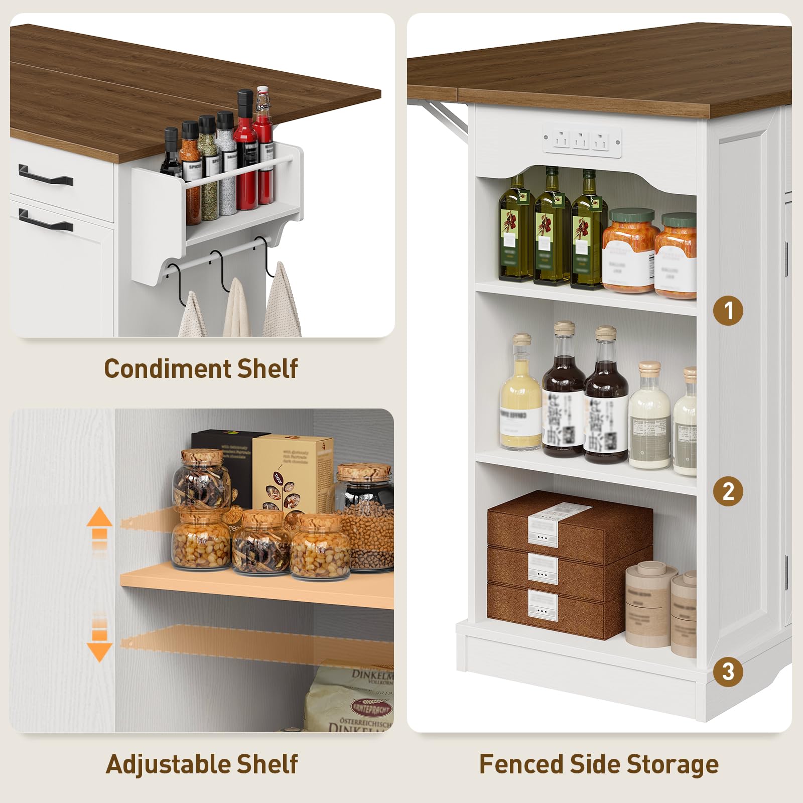 Kitchen Island with Power Outlet and Drop Leaf Rolling Storage Cart