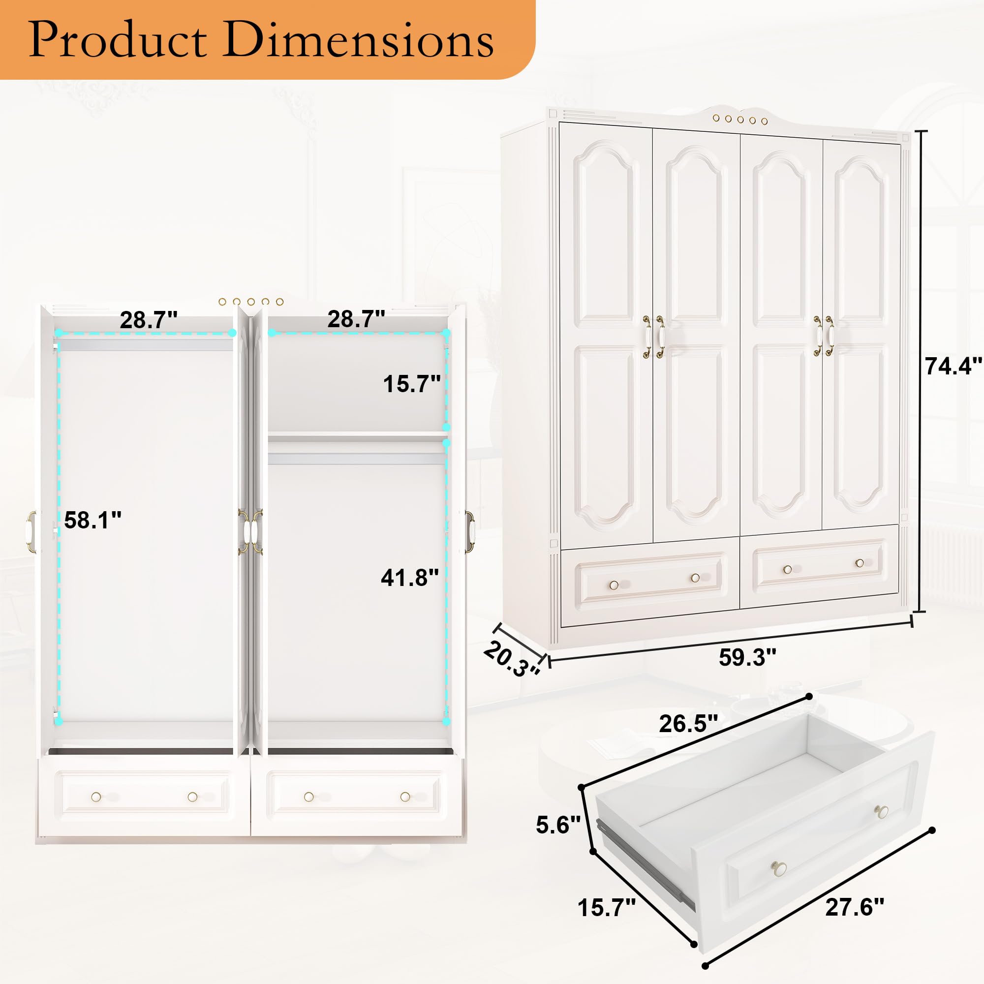 Wardrobe Closet with Drawers and Hanging Rod