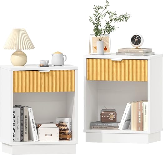 Fluted Nightstands Set of 2 with Charging Station and LED Lights