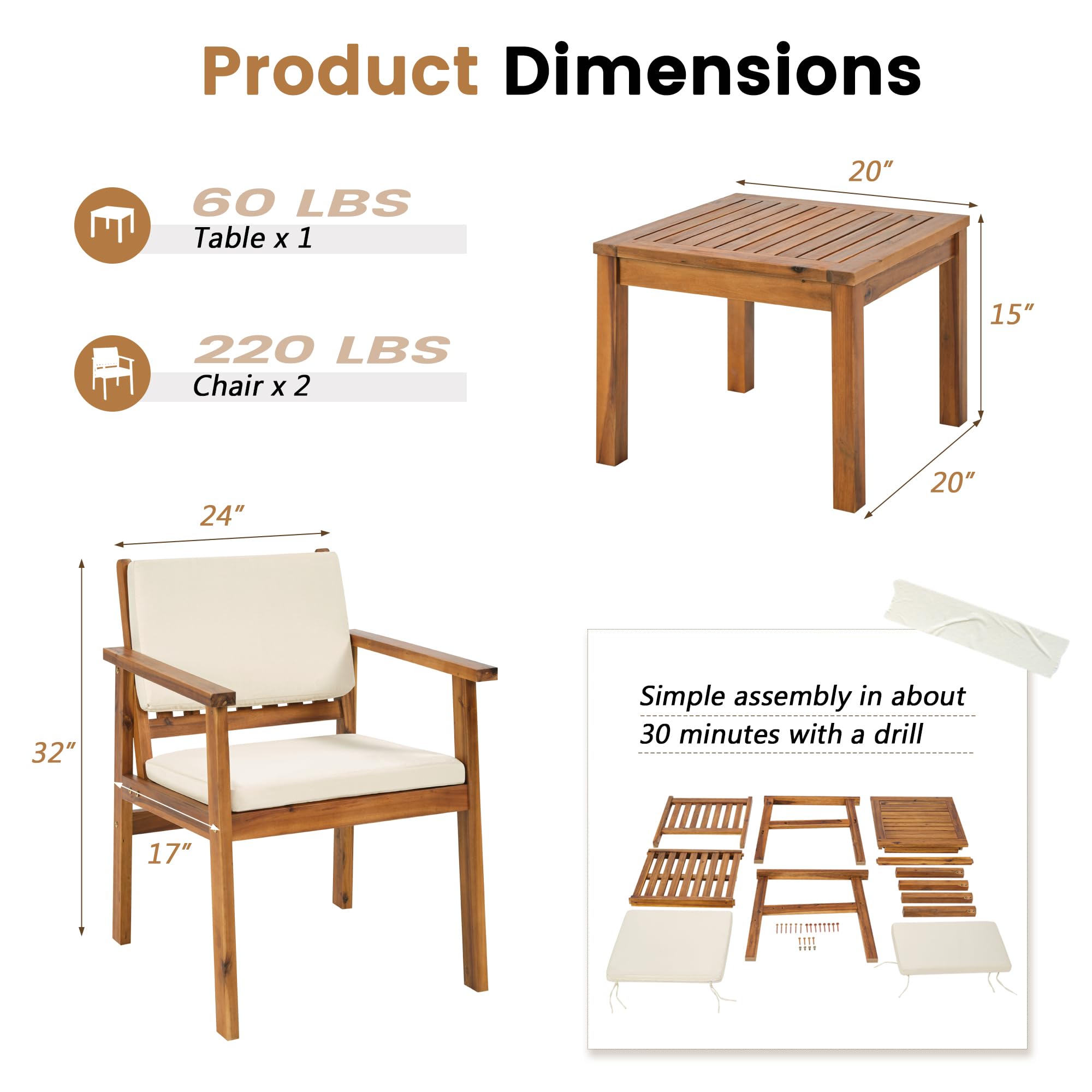 3 Piece Acacia Wood Patio Conversation Set