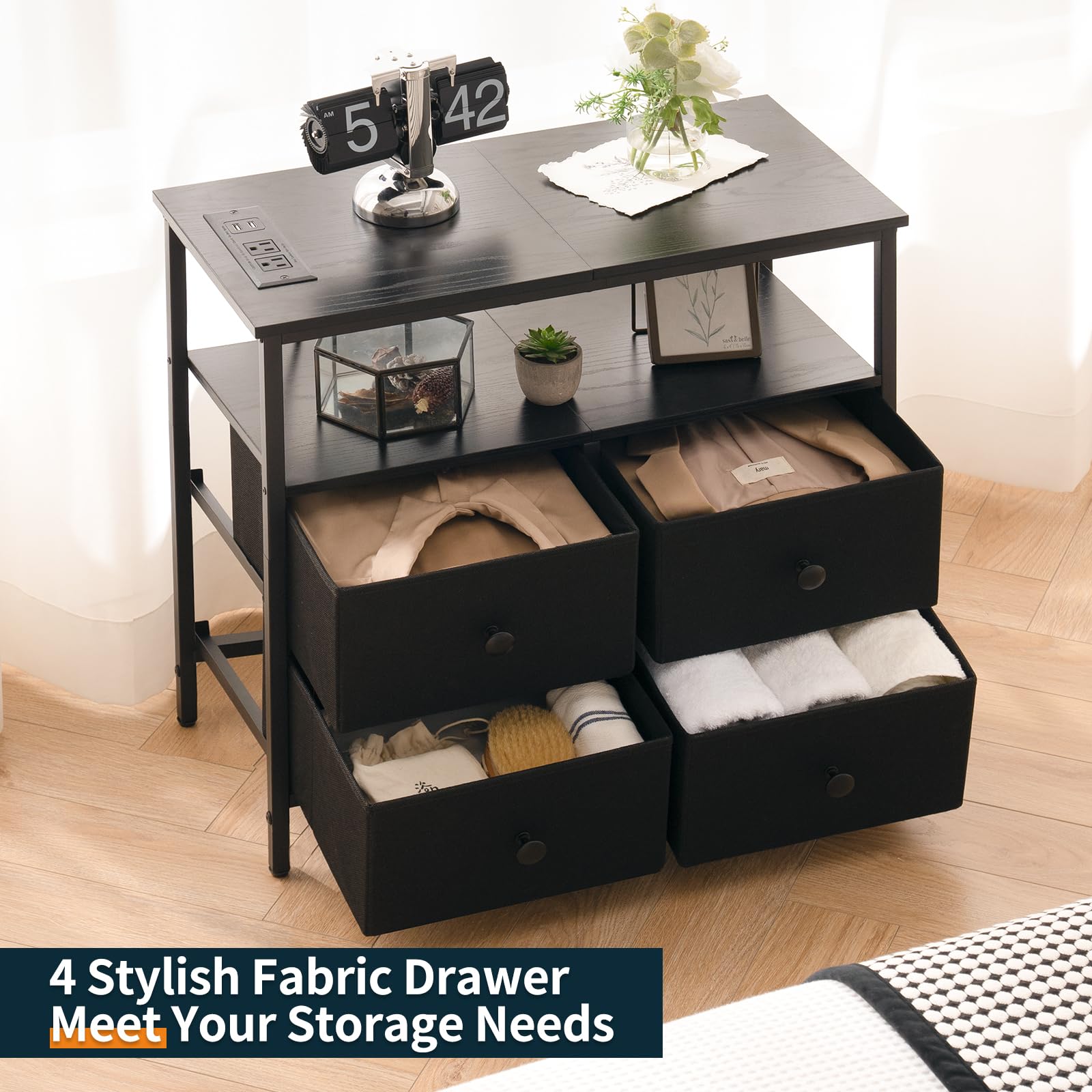 LED Nightstand with Charging Station and 4 Drawers