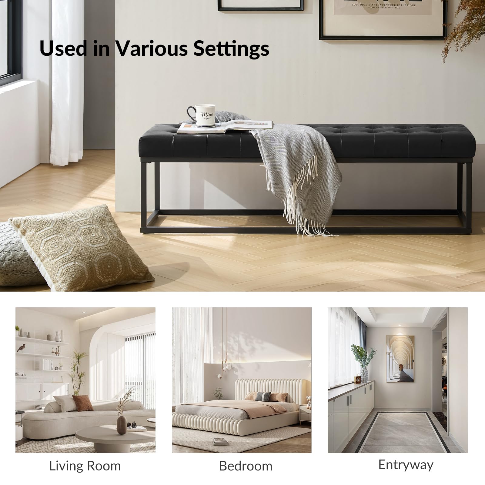 61" Faux Leather Bench with Metal Base