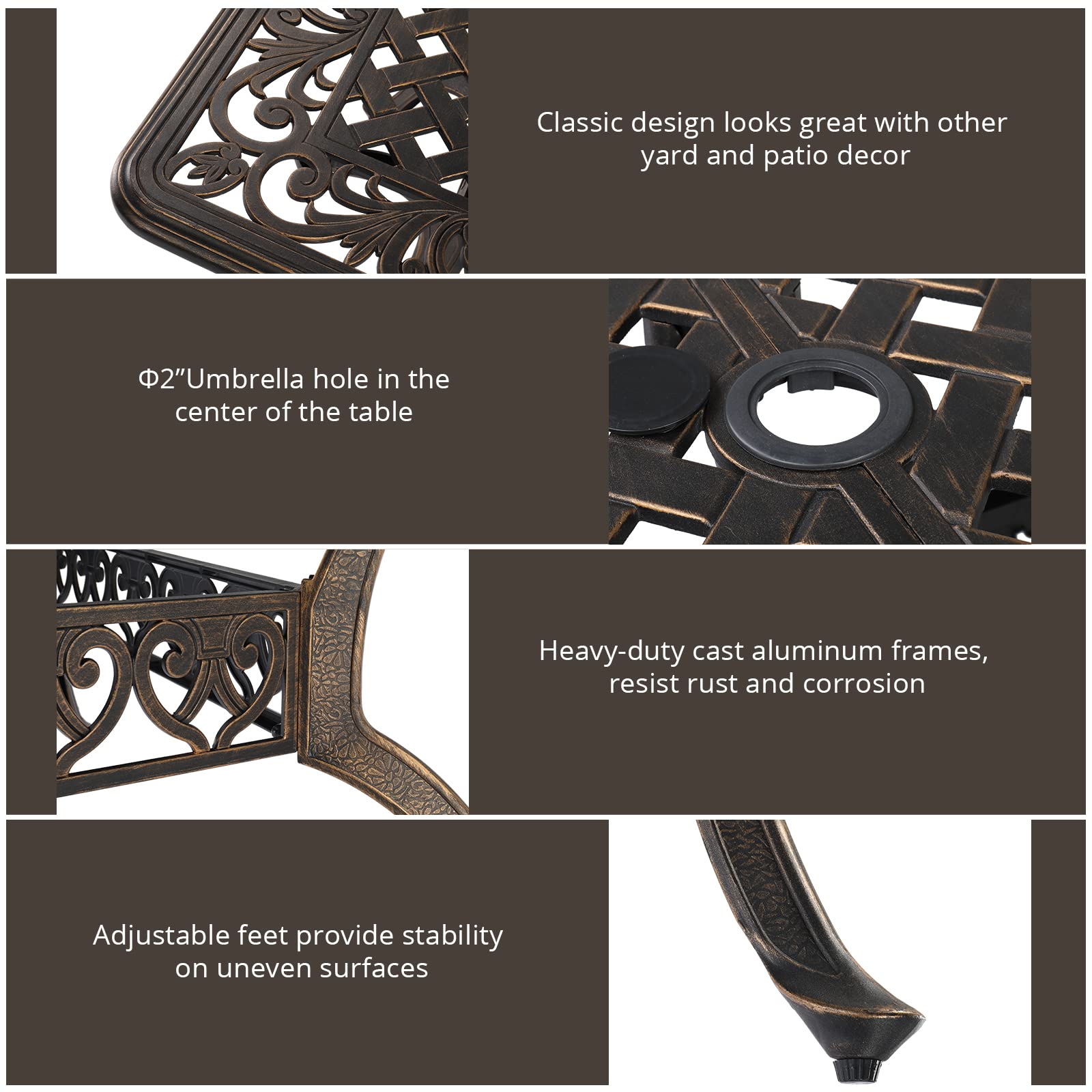 VINGLI 7 Pieces Outdoor Dining Set, Cast Aluminium All-Weather Patio Dining Set for 6 with Umbrella Hole, Outdoor Dining Table and Chairs with Cushion for Yard, Garden, Porch and Poolside, Bronze