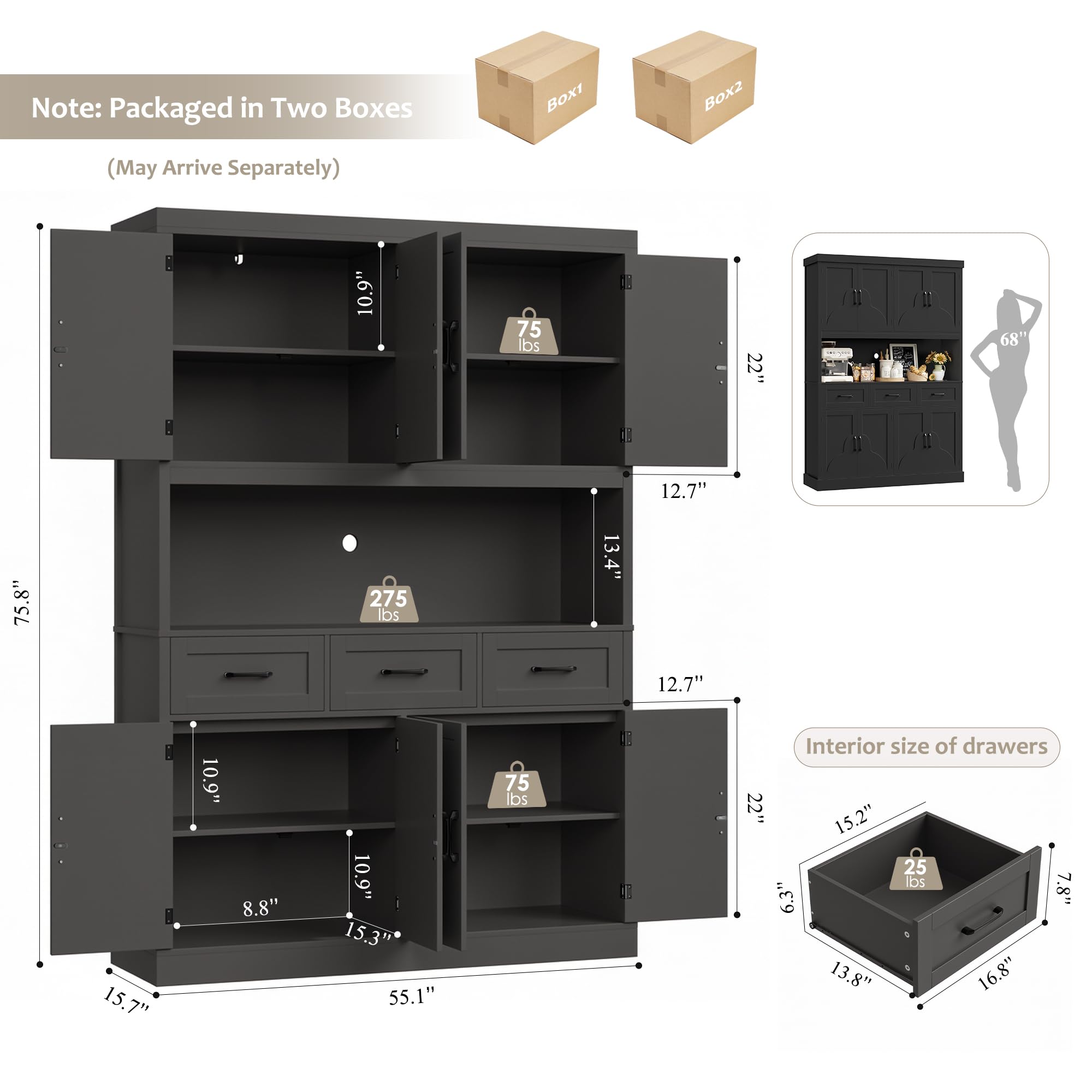 76" Tall Kitchen Pantry Storage Cabinet