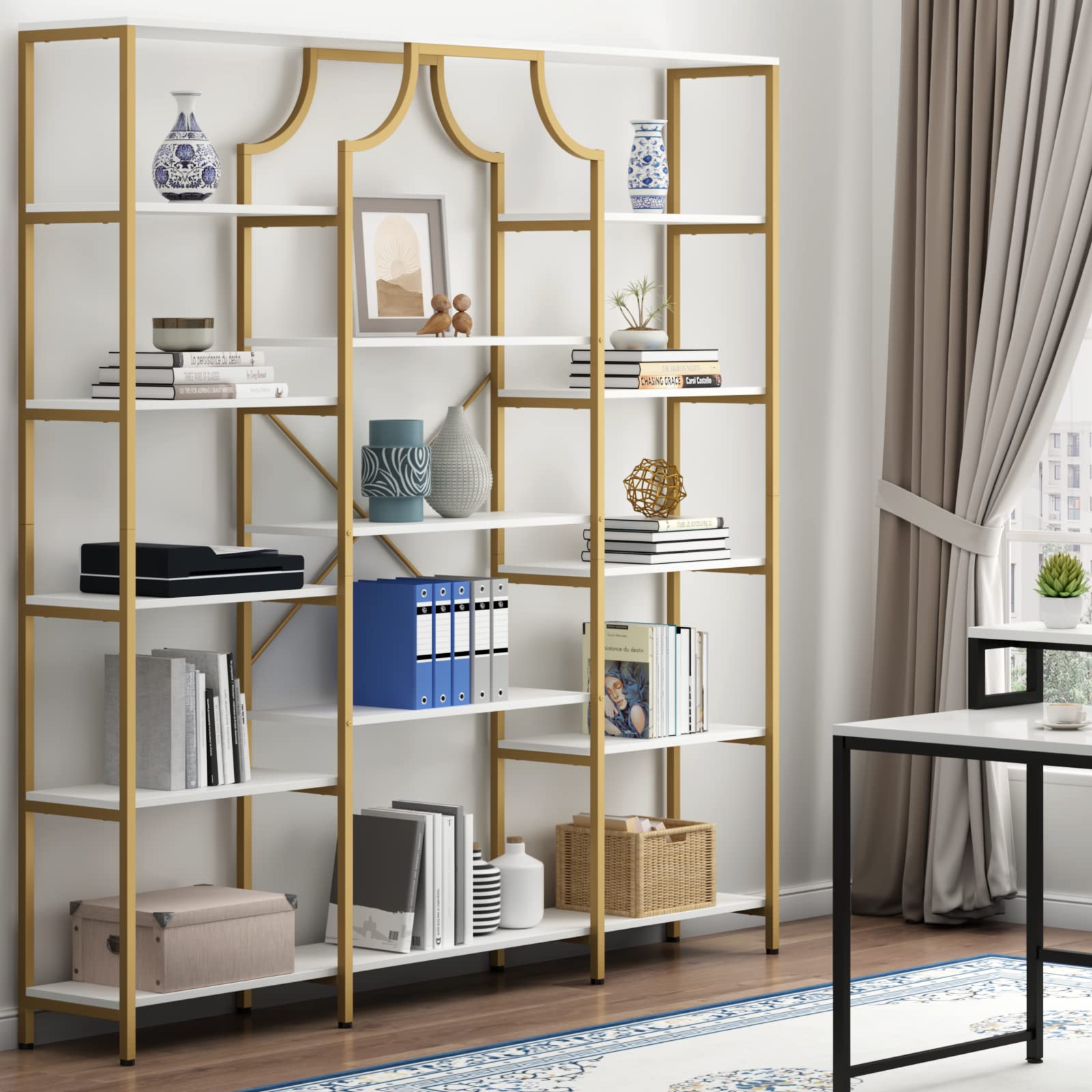 Triple Wide Bookshelf 70.87" Tall Etagere with 13 Open Shelves