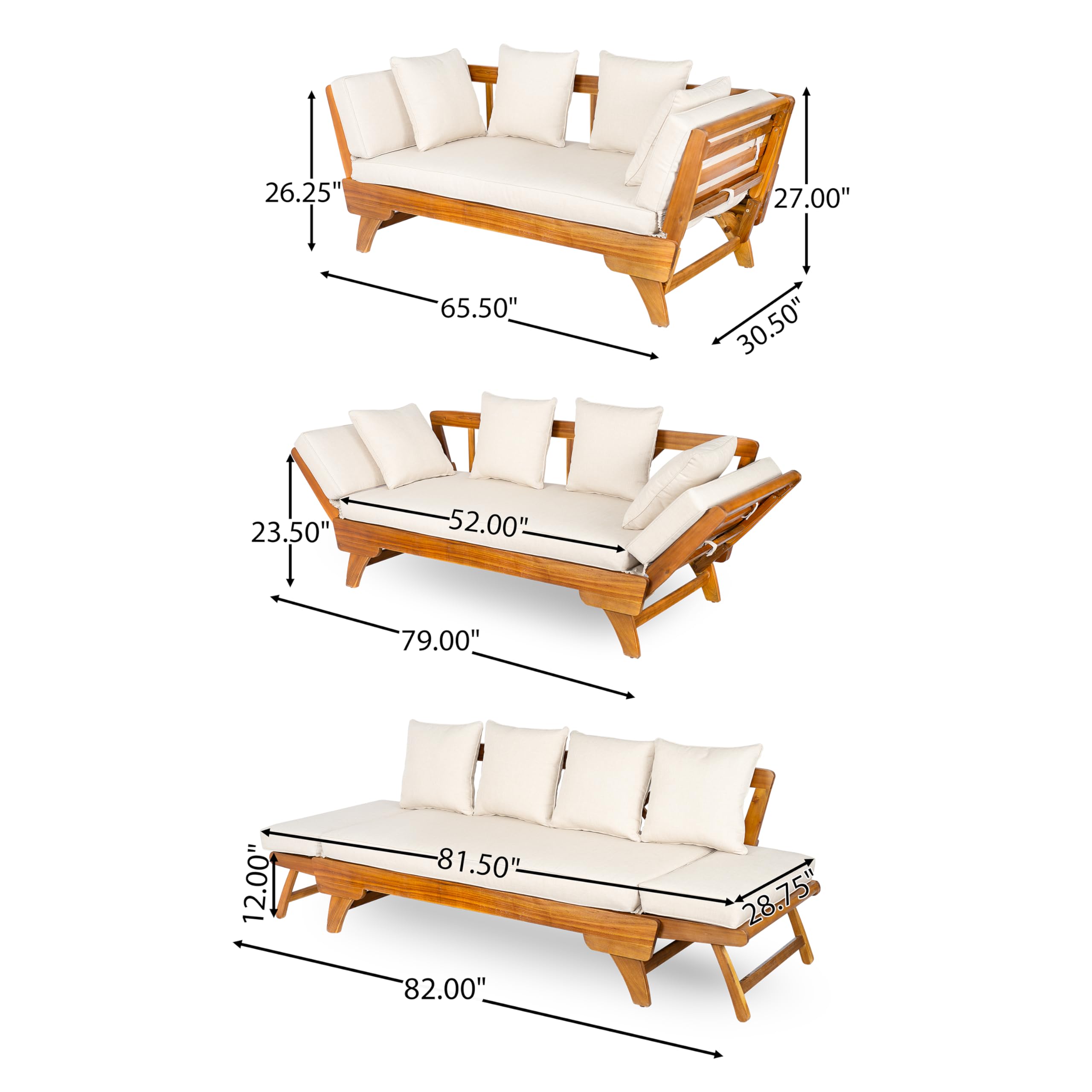 Gary Patio Convertible Daybed - 3-Seater Acacia Wood Outdoor Sofa