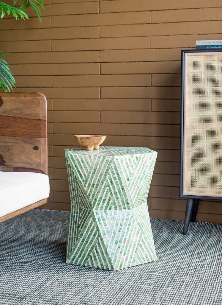 Green Geometric Accent Stool with Capiz Inlays