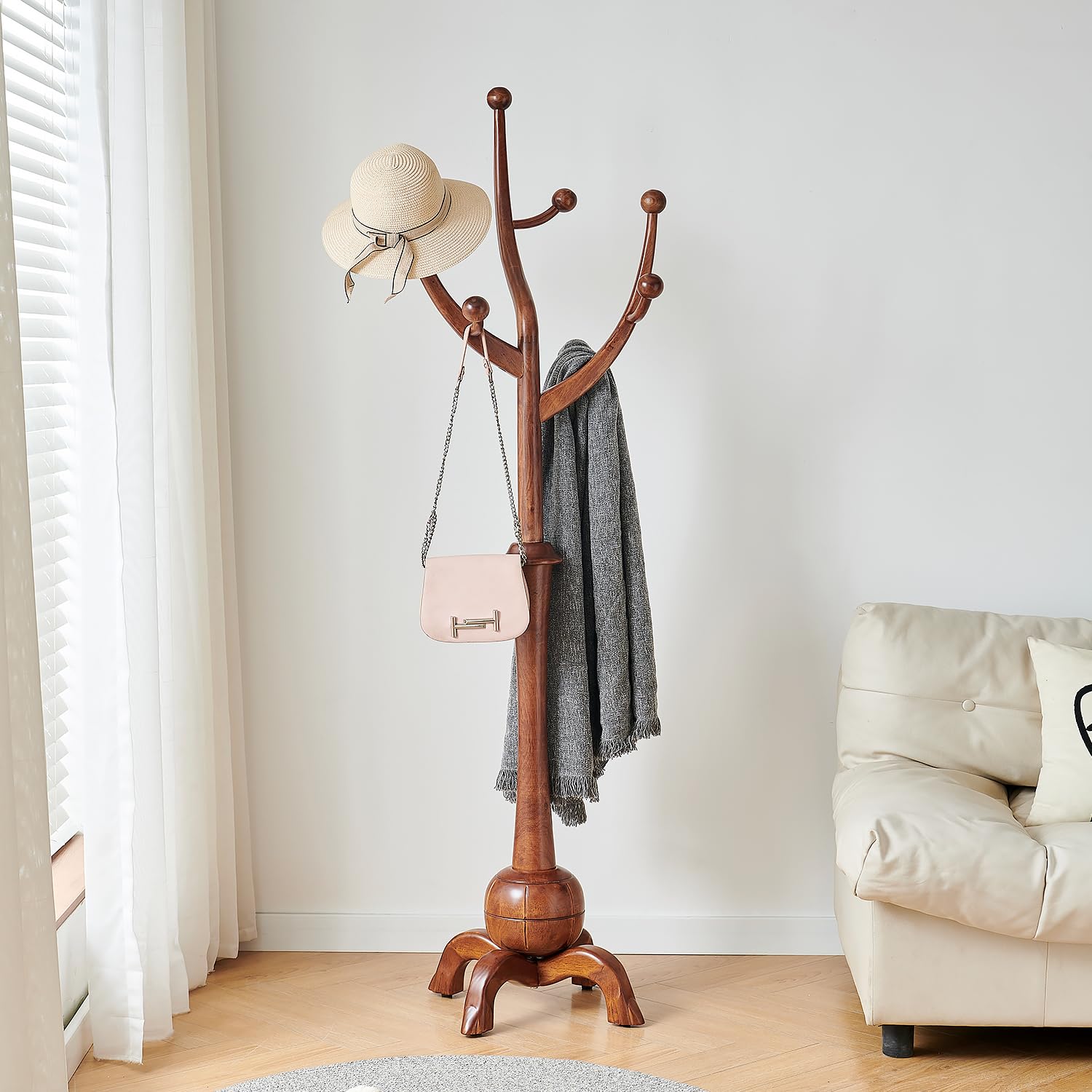 Freestanding Wood Coat Rack with Tree Branch Hooks