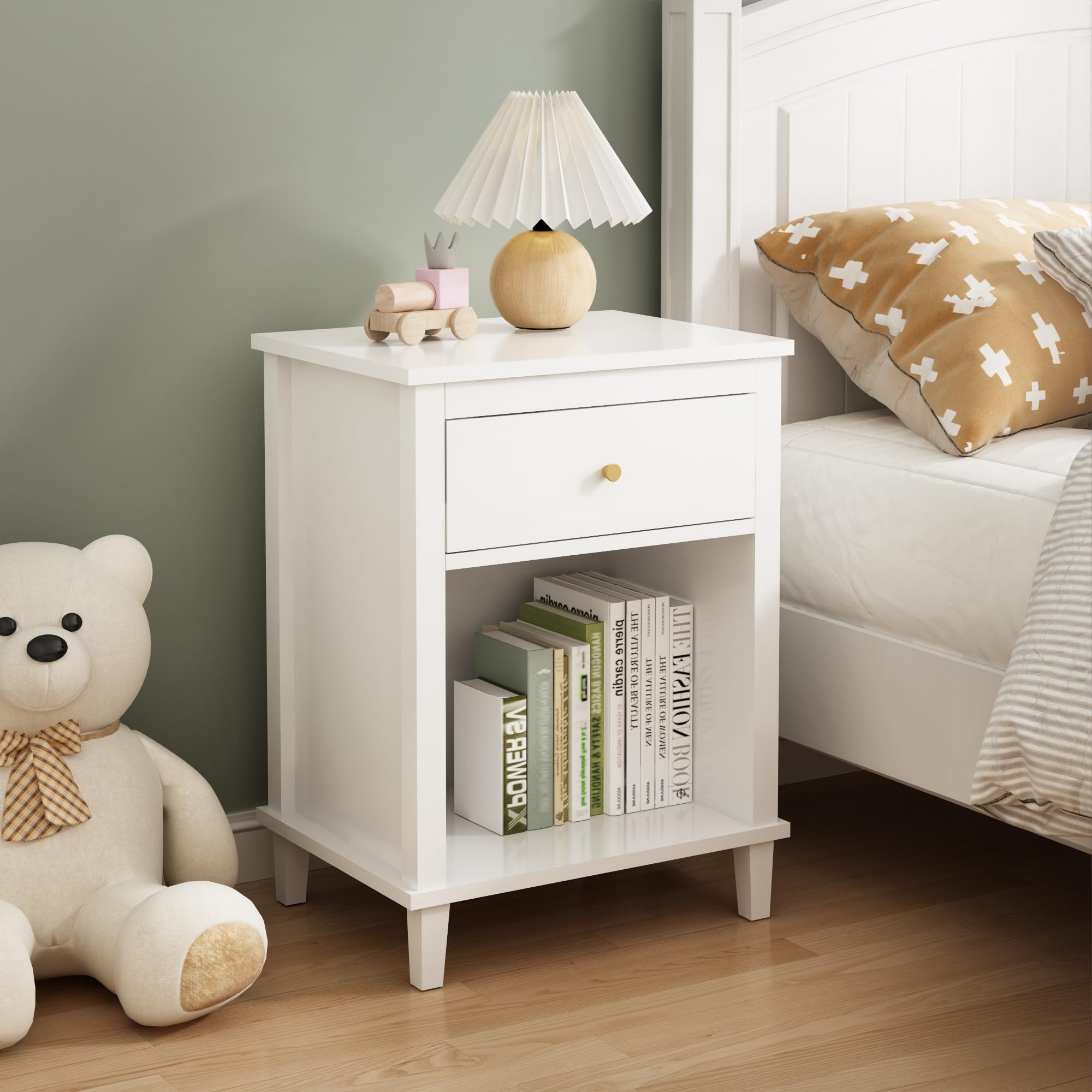 White Nightstand with Drawer and Storage Shelf