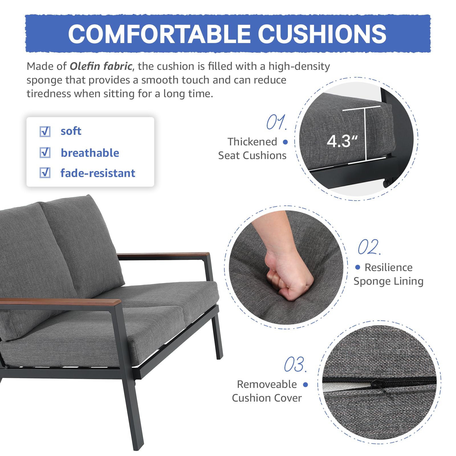 Aluminum Patio Loveseat with Eucalyptus Wood Armrests