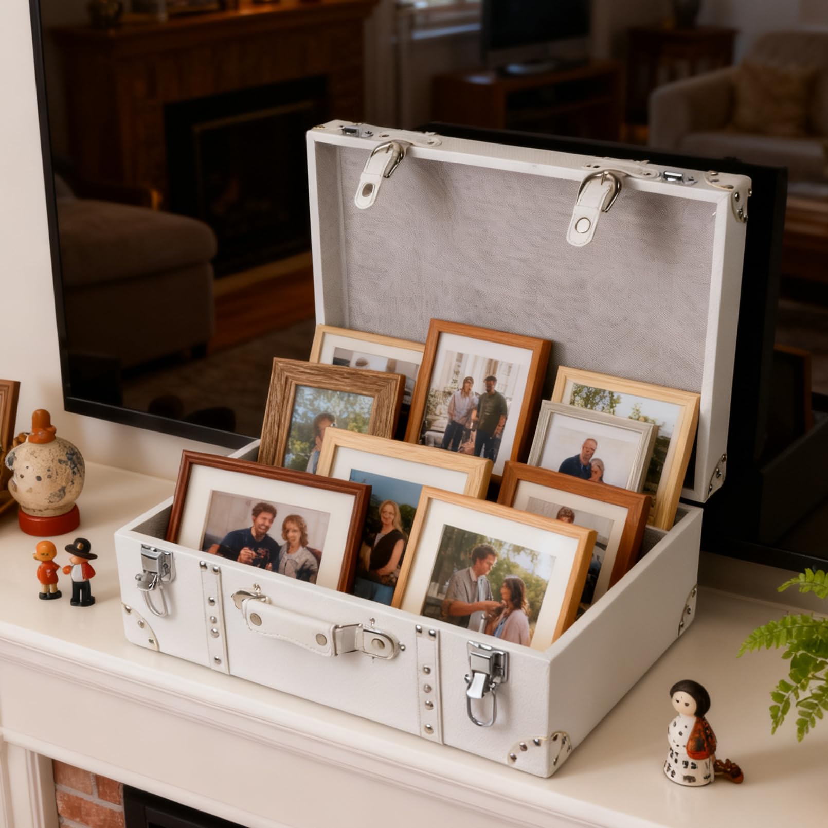 Vintage Wooden Storage Chest with White Leather