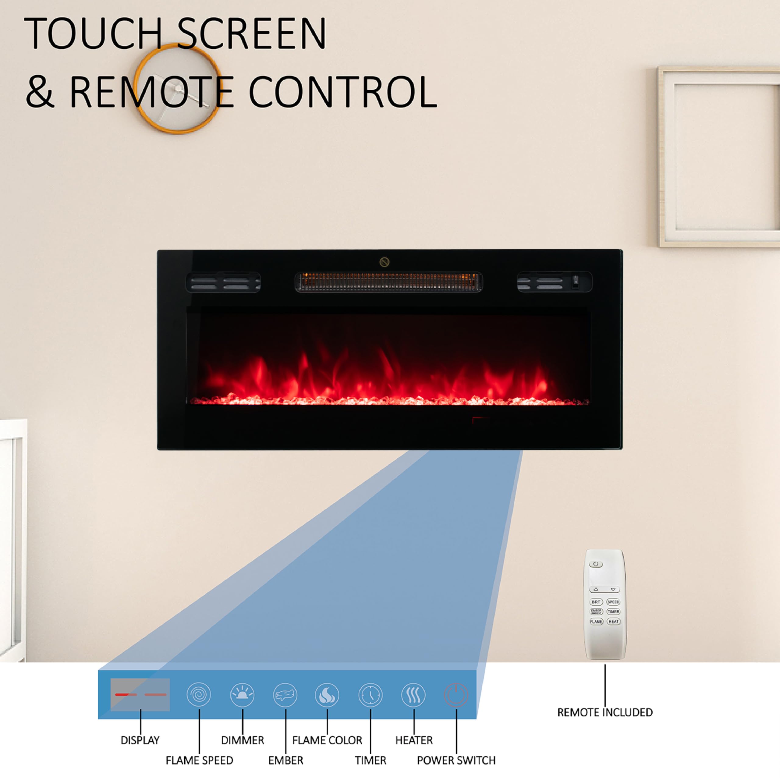 30 Inch Electric Fireplace Wall Mounted with Remote Control