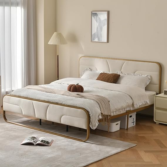 Full Size Velvet Upholstered Platform Bed with Rounded Metal Frame