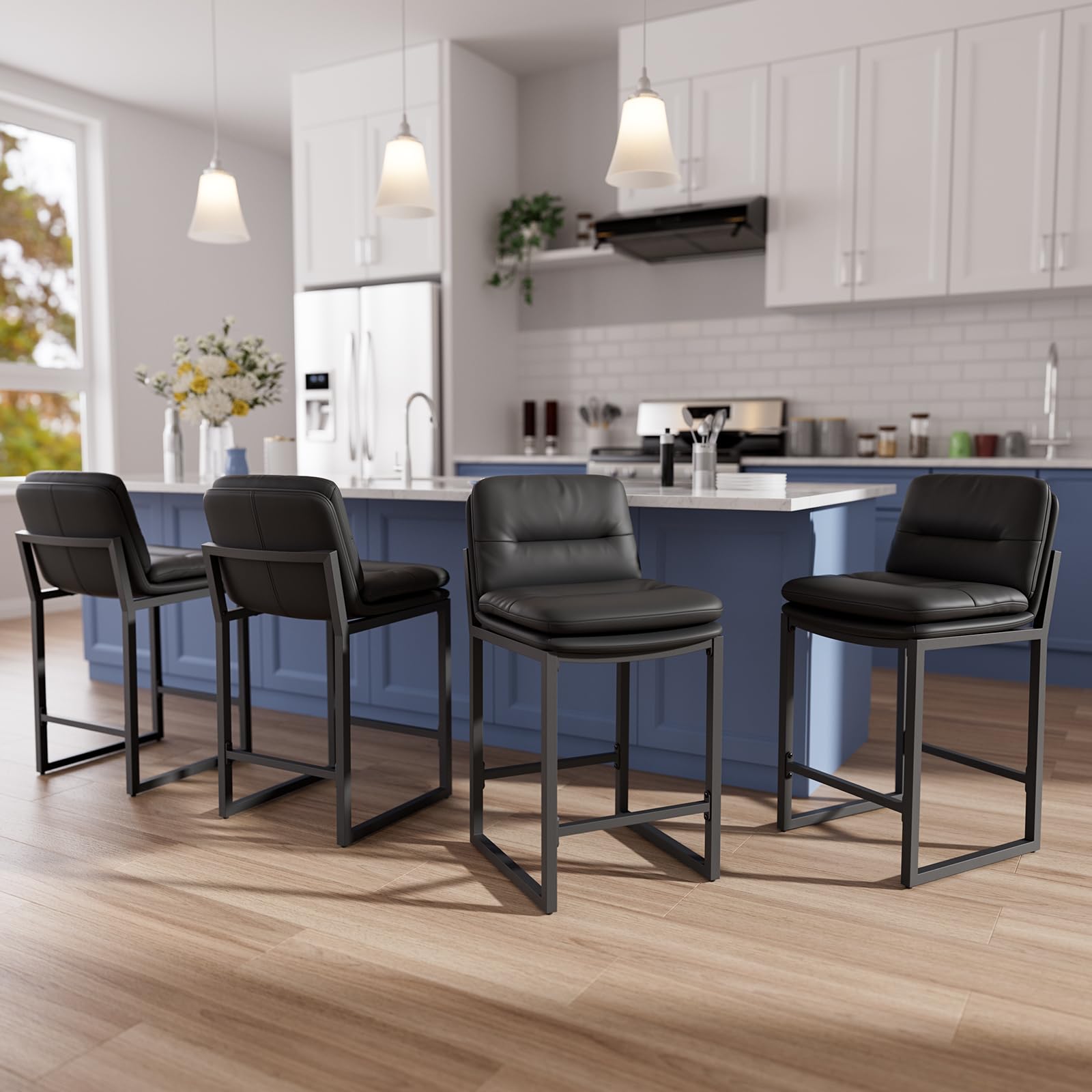 Black Bar Stools Set of 4 - 26 Inch Counter Height with Backs