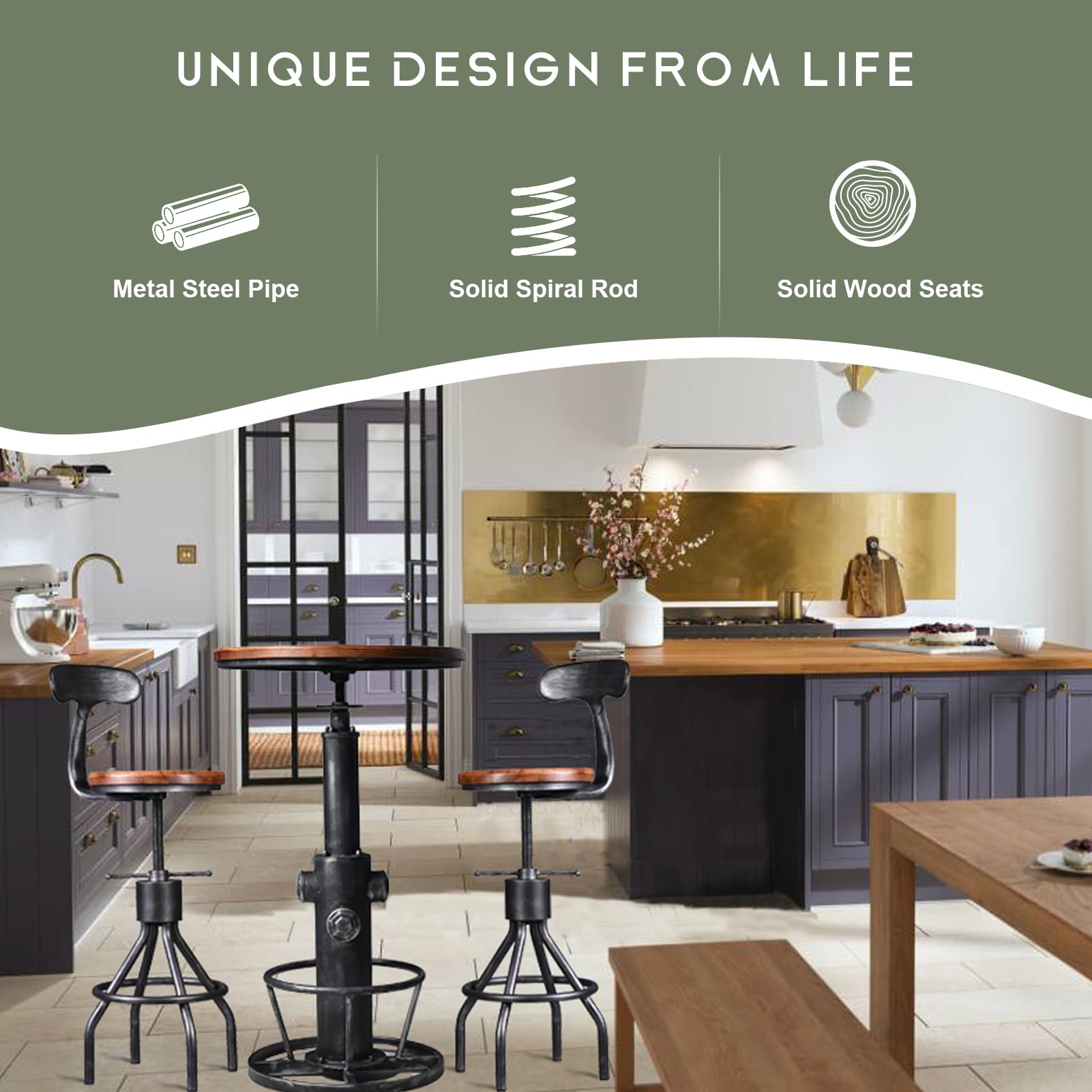 LOKKHAN 3-Piece Bar Table (38.6"-48.4") & 2 Backrest Stools (24"-30") Set for Pub Kitchen Dining Living Party Bistro Breakfast, Swivel Top, Height Adjustable, Most Weld, Space-Saving