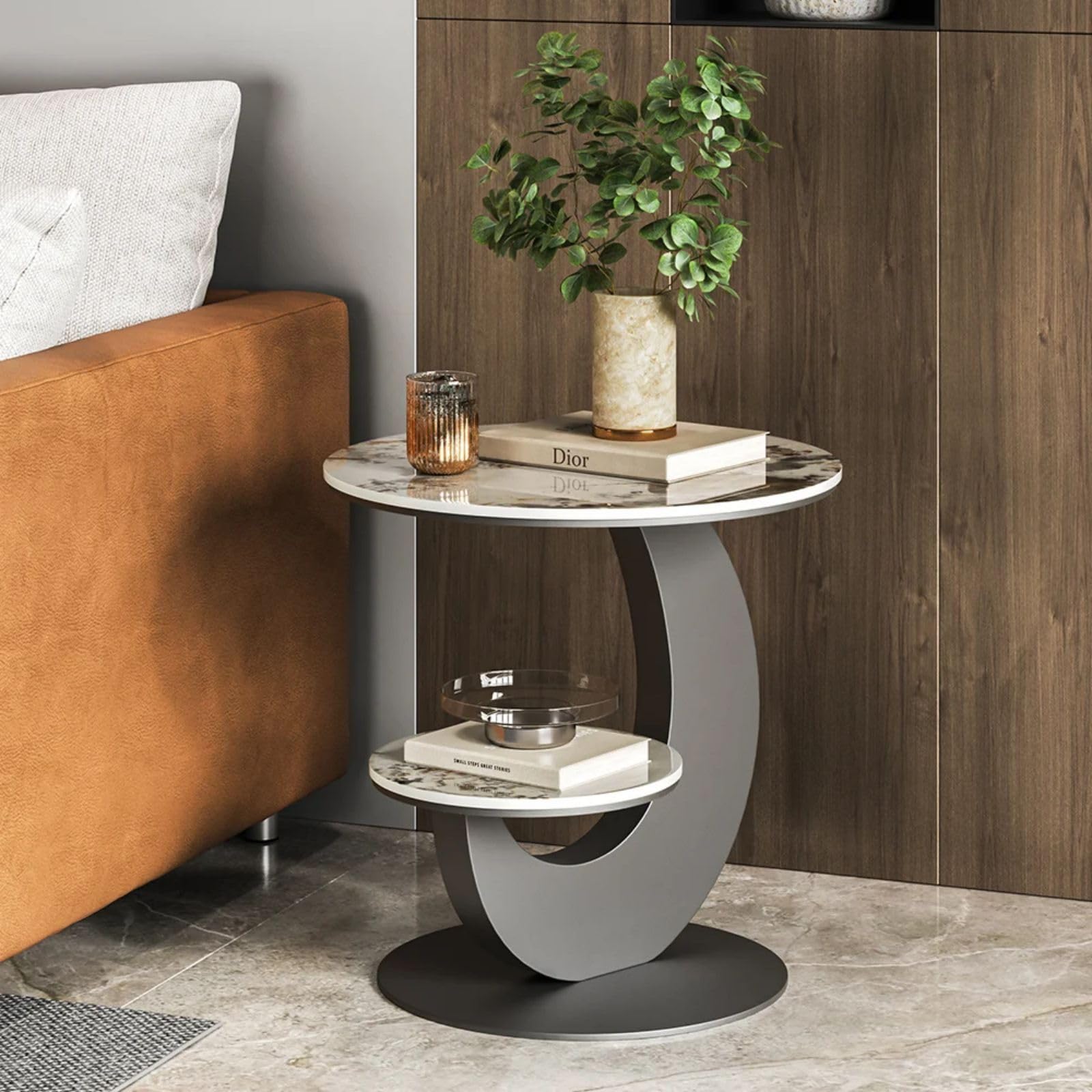 Modern Round End Table Faux Marble 2-Tier with Storage Shelf