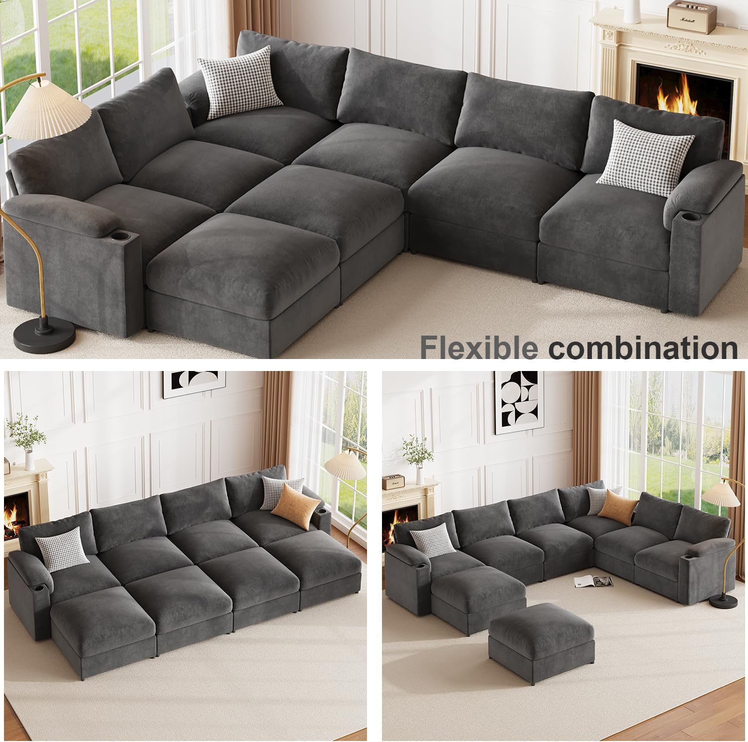 Oversized Modular Sectional Sofa Grey Velvet U-Shaped 8-Seat