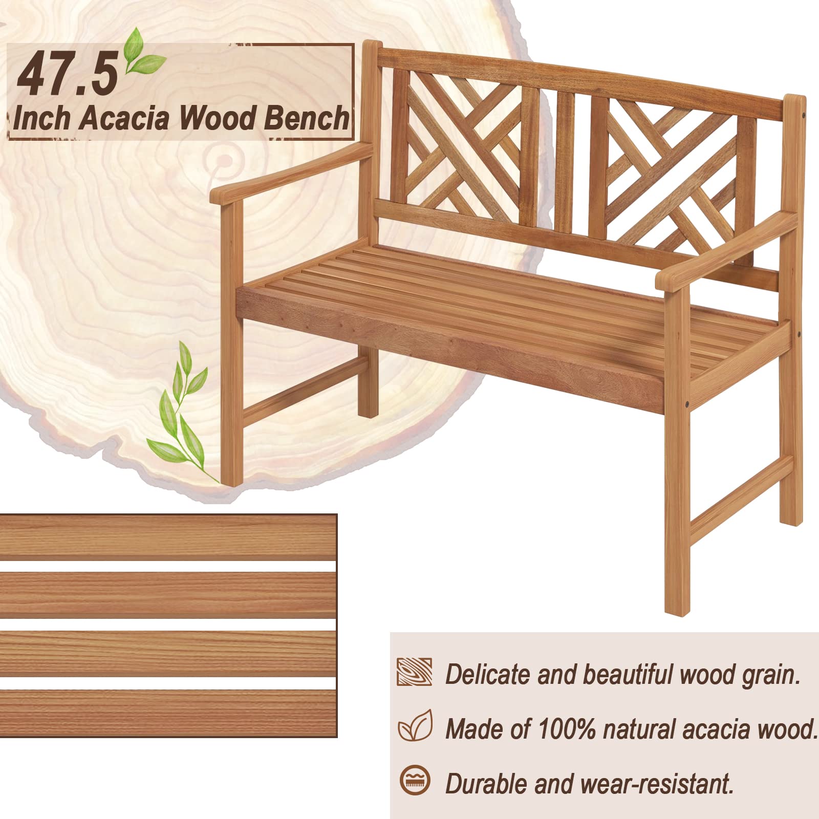 Acacia Wood Garden Bench 2-Person Loveseat with Armrests